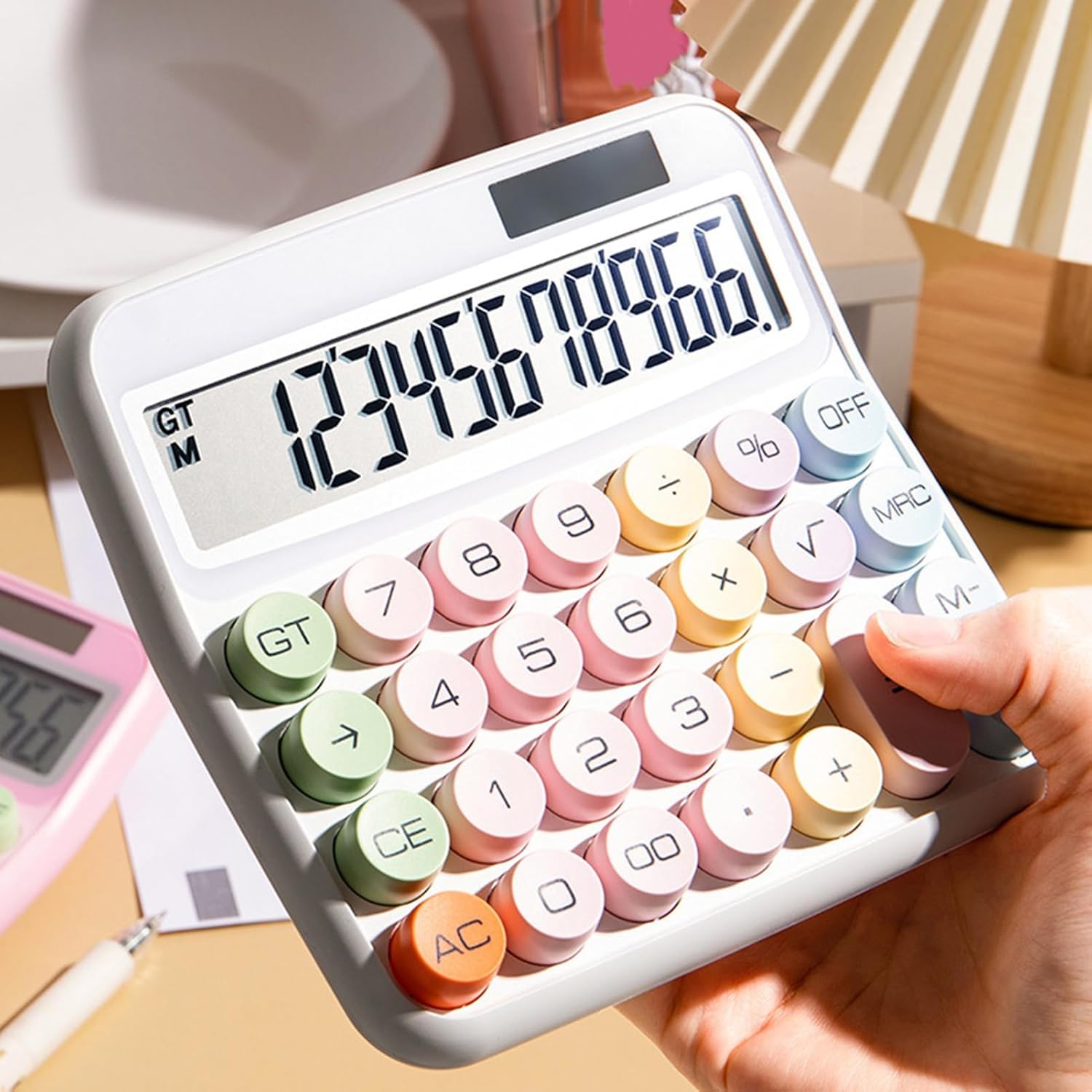 UCRAVO Cute Pink Calculator, 12-Digit Large LCD Display, Pastel Mechanical Round Button, Big Size Desktop Adding Machine for Office, School & Home, Aesthetic Stationery