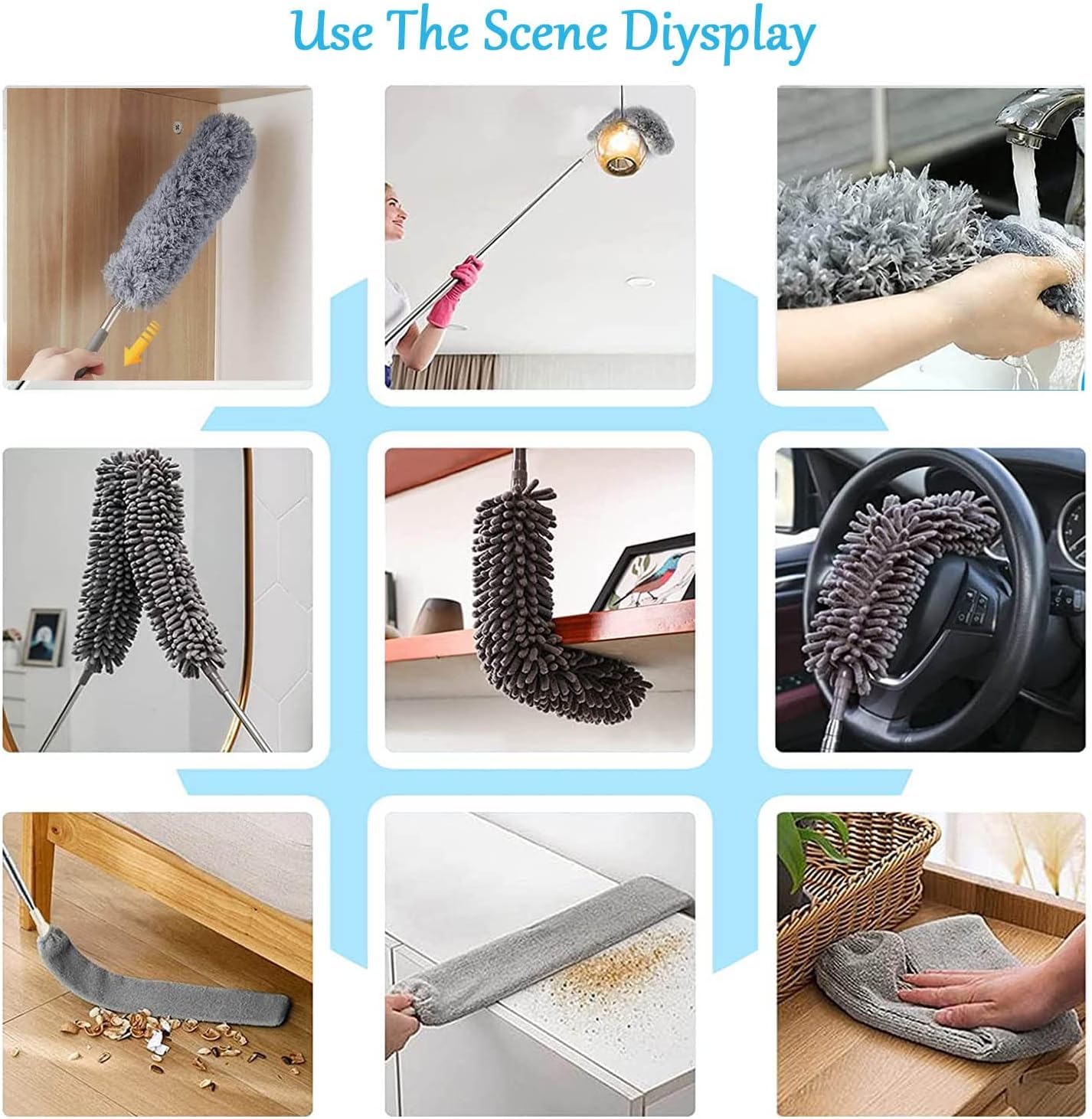 UCRAVO 3 in 1 Microfiber Feather Duster Set with 100 Inch Extendable Pole | 4 PCS Bendable Washable Fan Cleaning Brush for Ceiling Fans, High Ceilings, Cobwebs, Furniture, Walls & Home Dusting