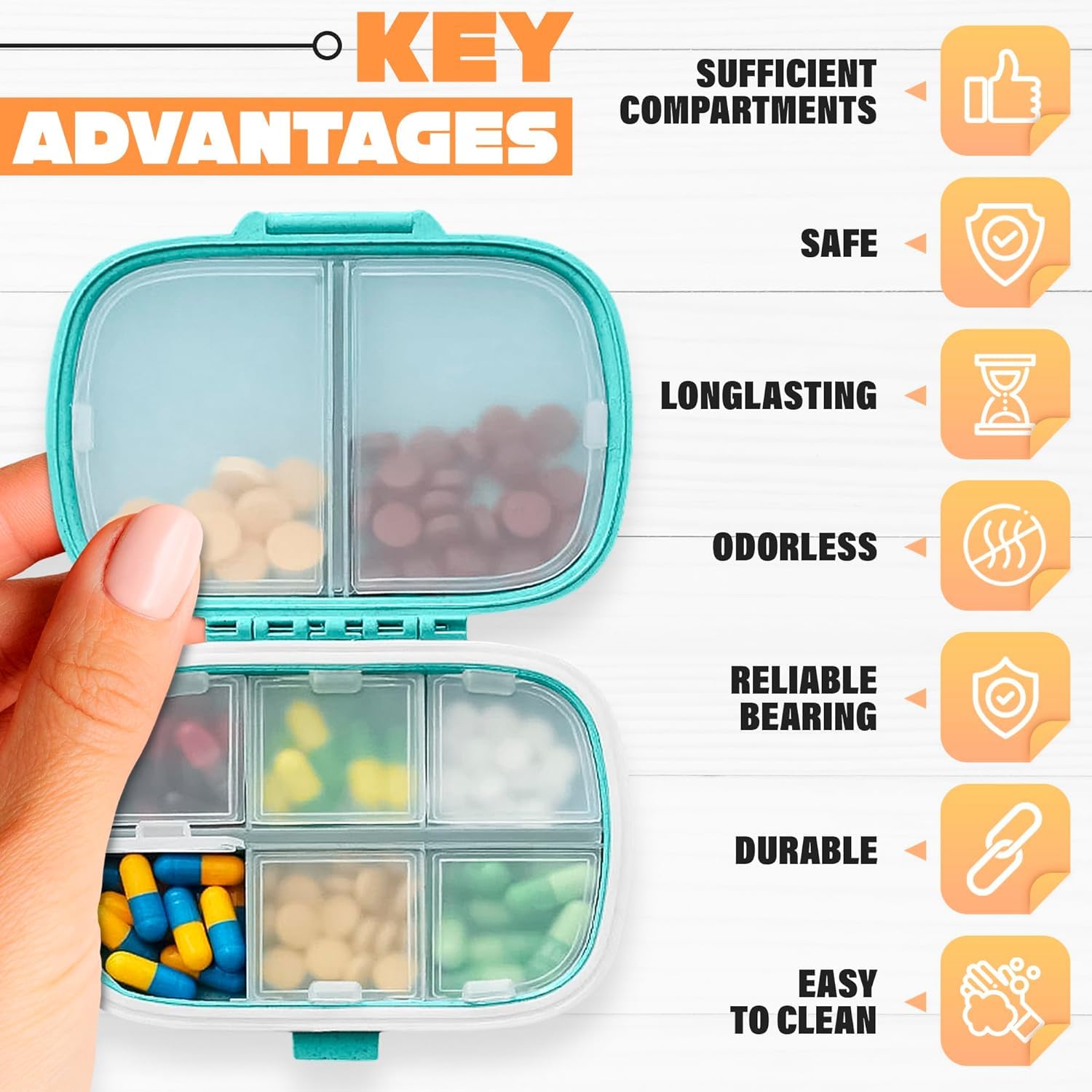 UCRAVO Pill Organizer Box with 8 Compartments Portable Medicine Storage Box for Daily Tablets,Capsules & Vitamins Travel Friendly Pill Case | Moisture Proof Tablet Organizer for Home, Office & Travel