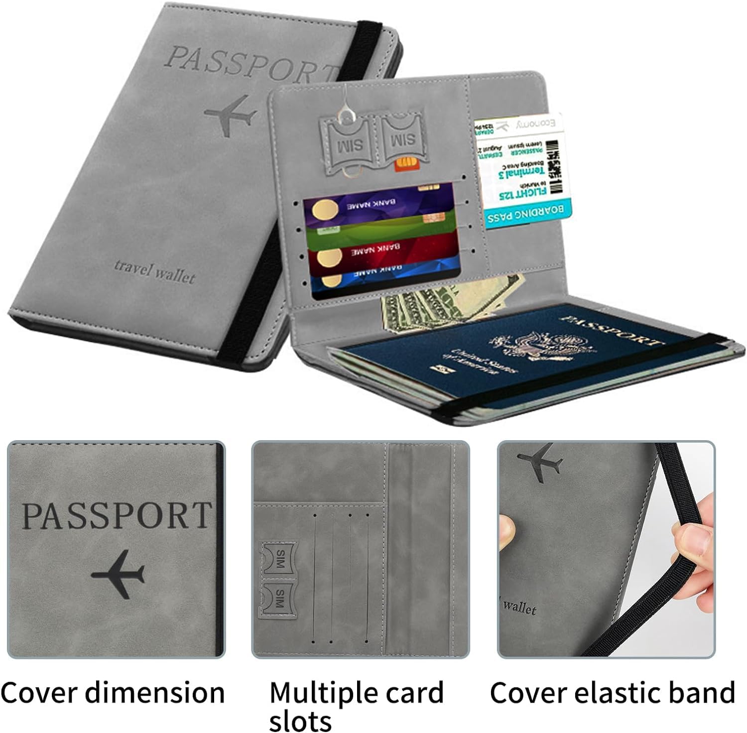 UCRAVO Passport and Card Holder Cover, PU Leather Travel Wallet RFID Passport Holder for Women and Men, Exquisite RFID Blocking Wallet Elastic Strap, Portable Passport Case for Business, Travel(Gray)