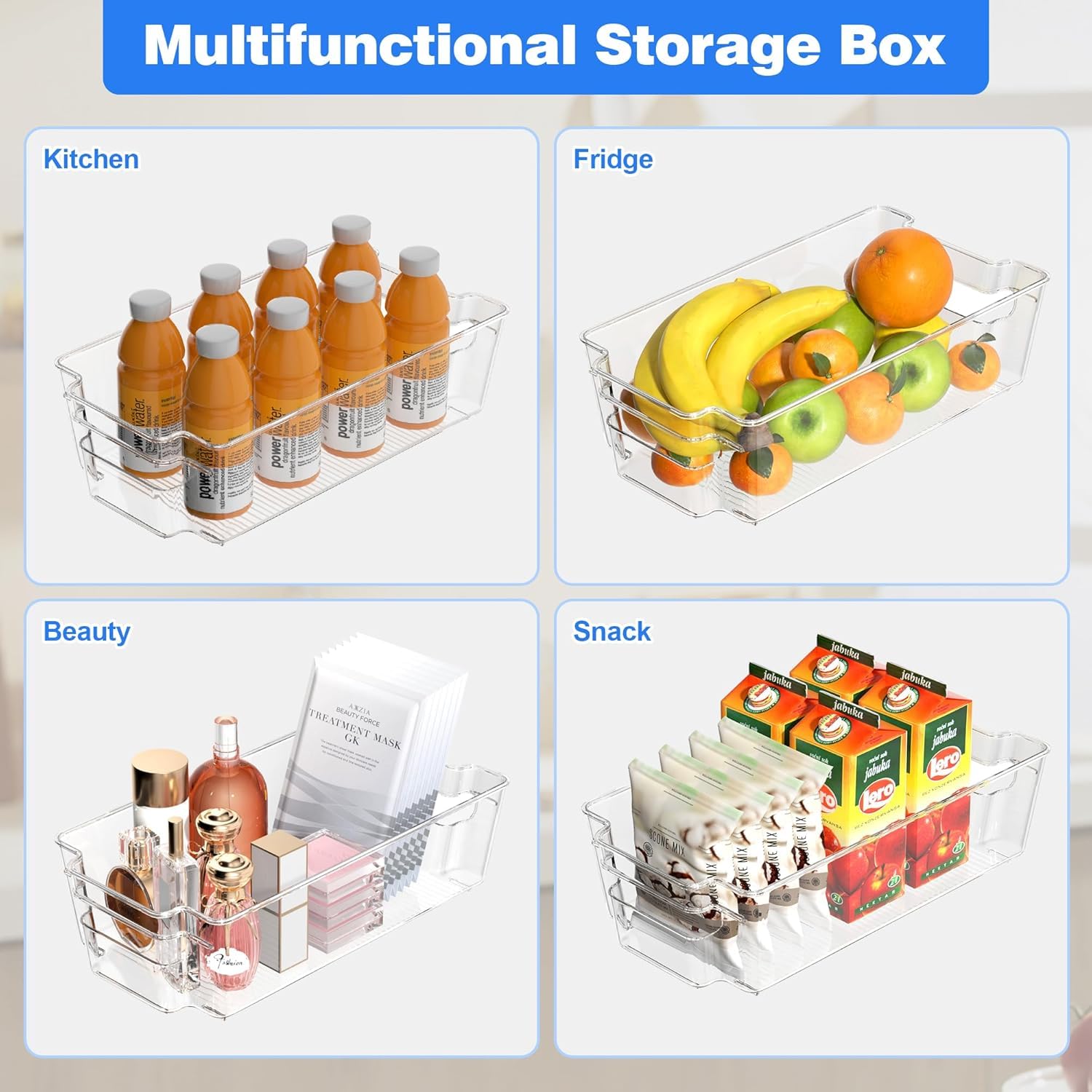 UCRAVO Refrigerator Storage Bins for Kitchen Organization 4 Clear Plastic Fridge Basket with Easy Grip Handle Multipurpose Stackable Pantry Containers for Vegetables, Fruits, Packets & Food Items