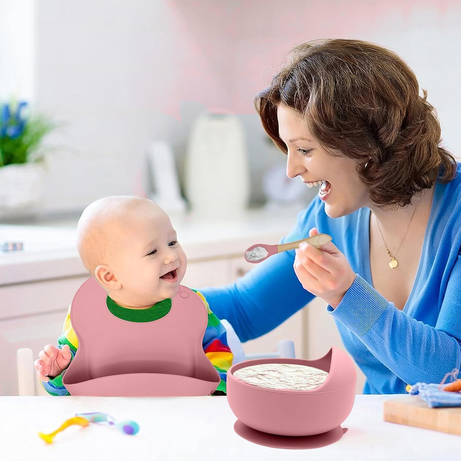 UCRAVO Pink Silicone Baby Feeding Bib with Extra Wide Food Catcher Pocket – 100% Waterproof, BPA-Free & Non-Toxic Soft Toddler Bib – Adjustable Neck Snap Buttons for Infants & Toddlers 6-36 Months