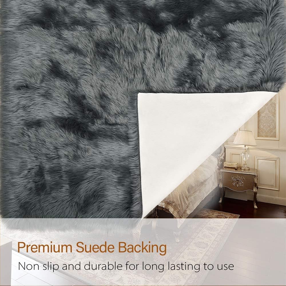 UCRAVO Grey Soft Faux Fur Area Rug | Fluffy Shaggy Carpet for Bedroom & Living Room | Plush Decorative Floor Mat | Cozy Washable Non Slip Rug for Kids Room, Sofa Side & Home Interior Decoration