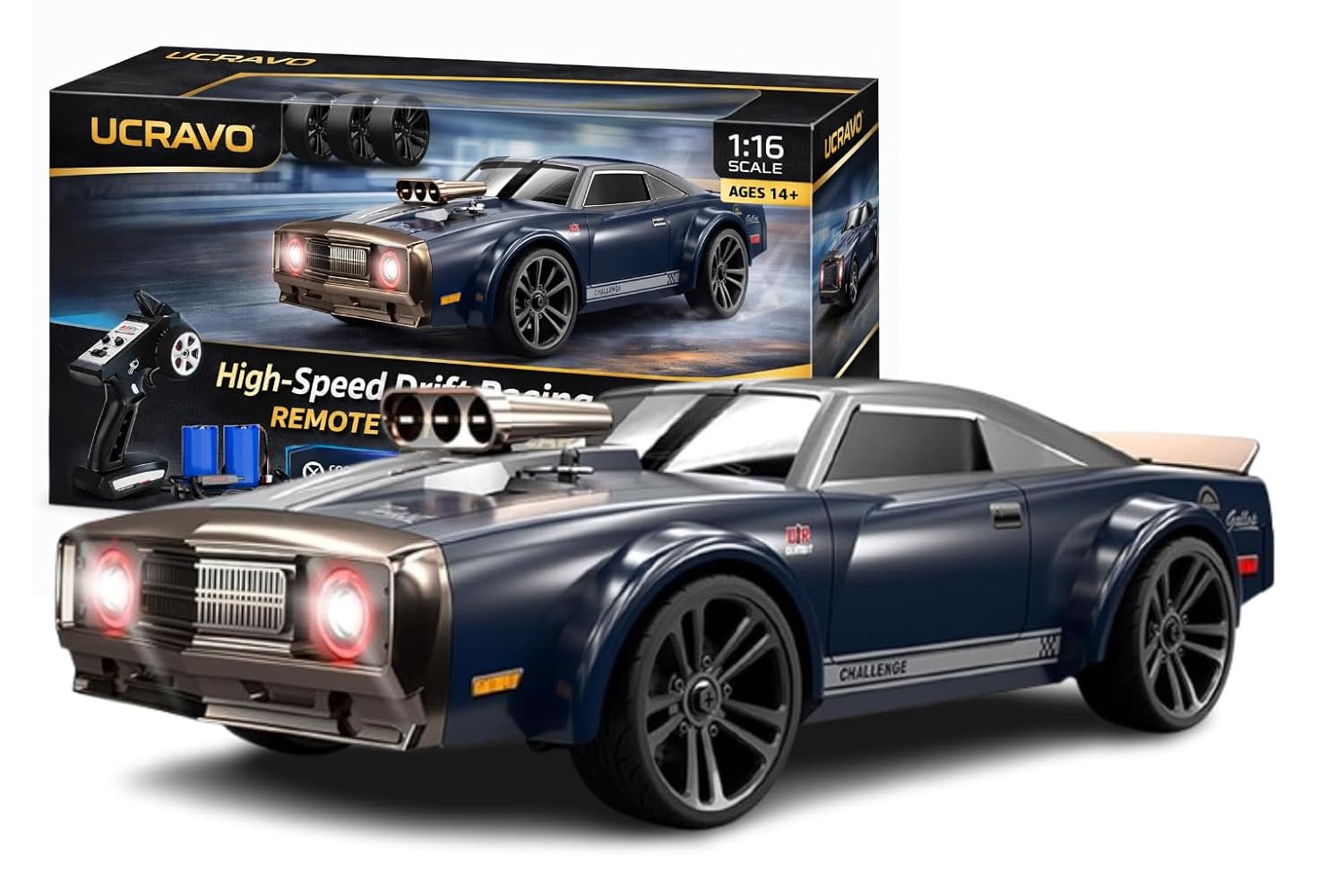 UCRAVO 1:16 Scale High Speed Drift Racing Remote Control Car 4WD 38KM/H | 2.4GHz Wireless RC Drift Car with LED Headlights | Rechargeable Battery, Extra Drift Tires & Tool Kit | Fast RC Racing Car
