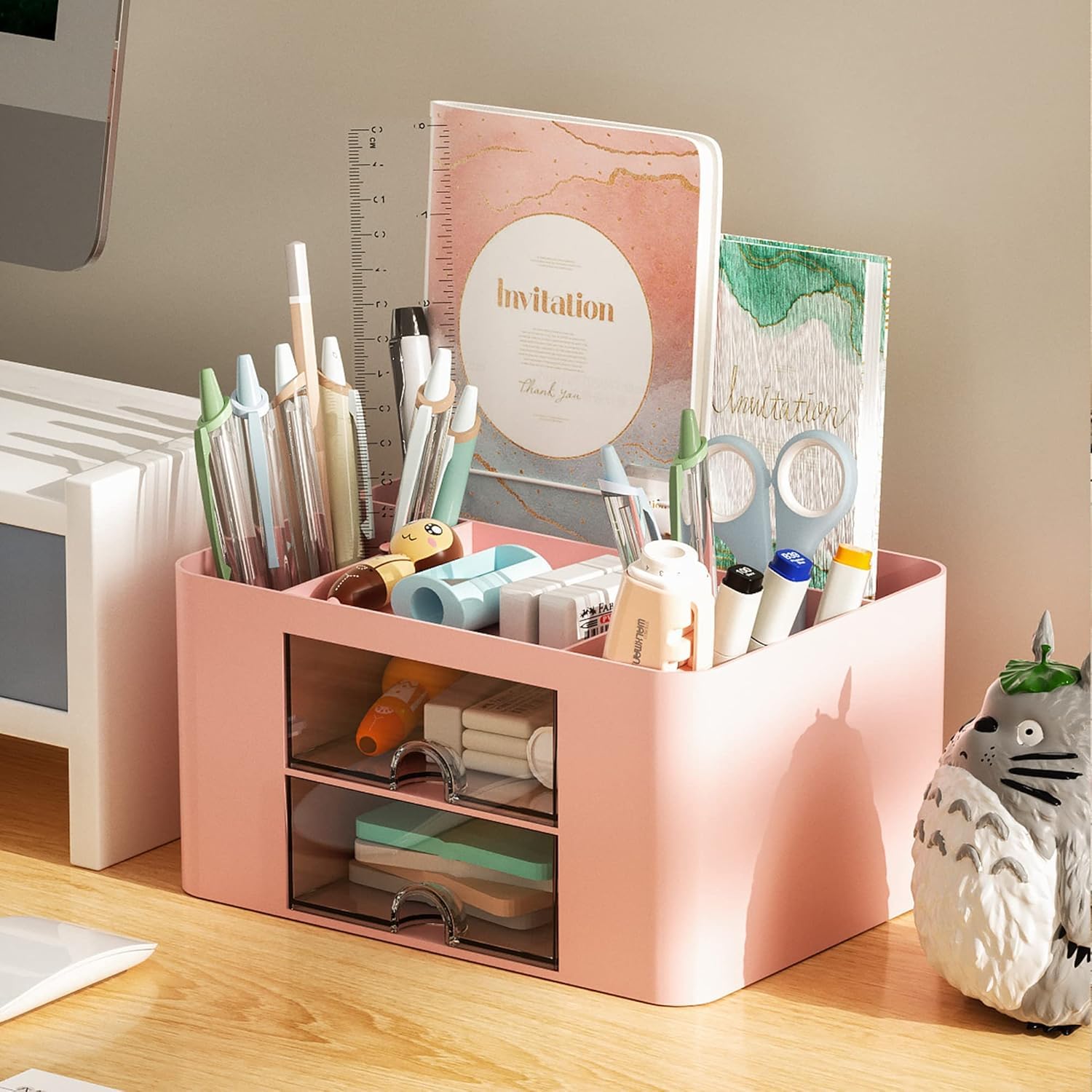 UCRAVO Multi-Functional Desk Organiser with 5 Compartments and 2 Drawer Desktop Office Supplies Stationery Storage Box Cosmetic Organizer for Ballpoint Pens Staplers Clips Sticky Notes - White