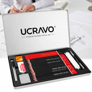 UCRAVO Professional Sketching & Drawing Pencil Set 30 Pcs Artist Kit with Graphite Shading Pencils,Charcoal, Blending Tools, Eraser & Sharpener Metal Box Art Supplies for Adults, Beginners, Students