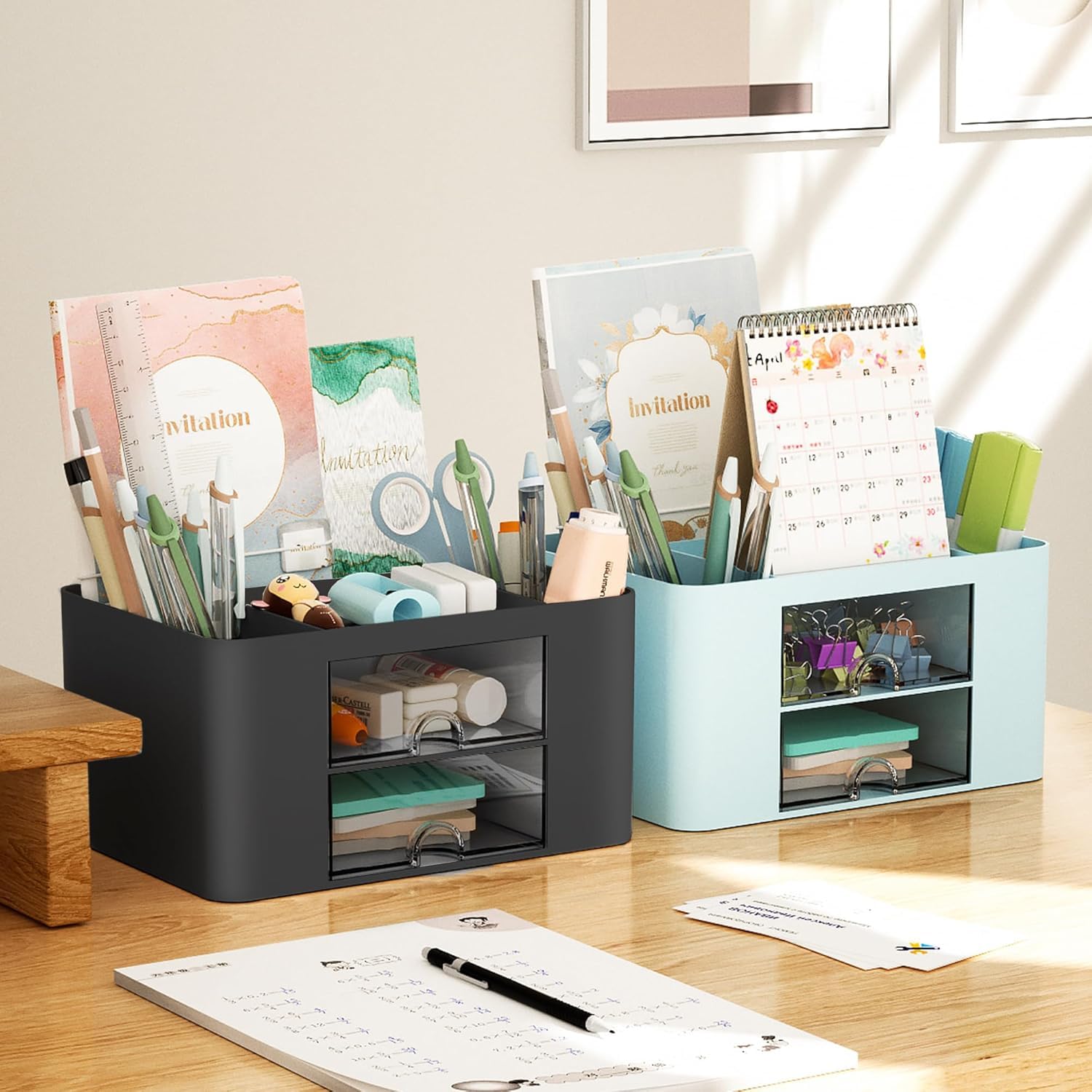 UCRAVO Multi-Functional Desk Organiser with 5 Compartments and 2 Drawer Desktop Office Supplies Stationery Storage Box Cosmetic Organizer for Ballpoint Pens Staplers Clips Sticky Notes - White