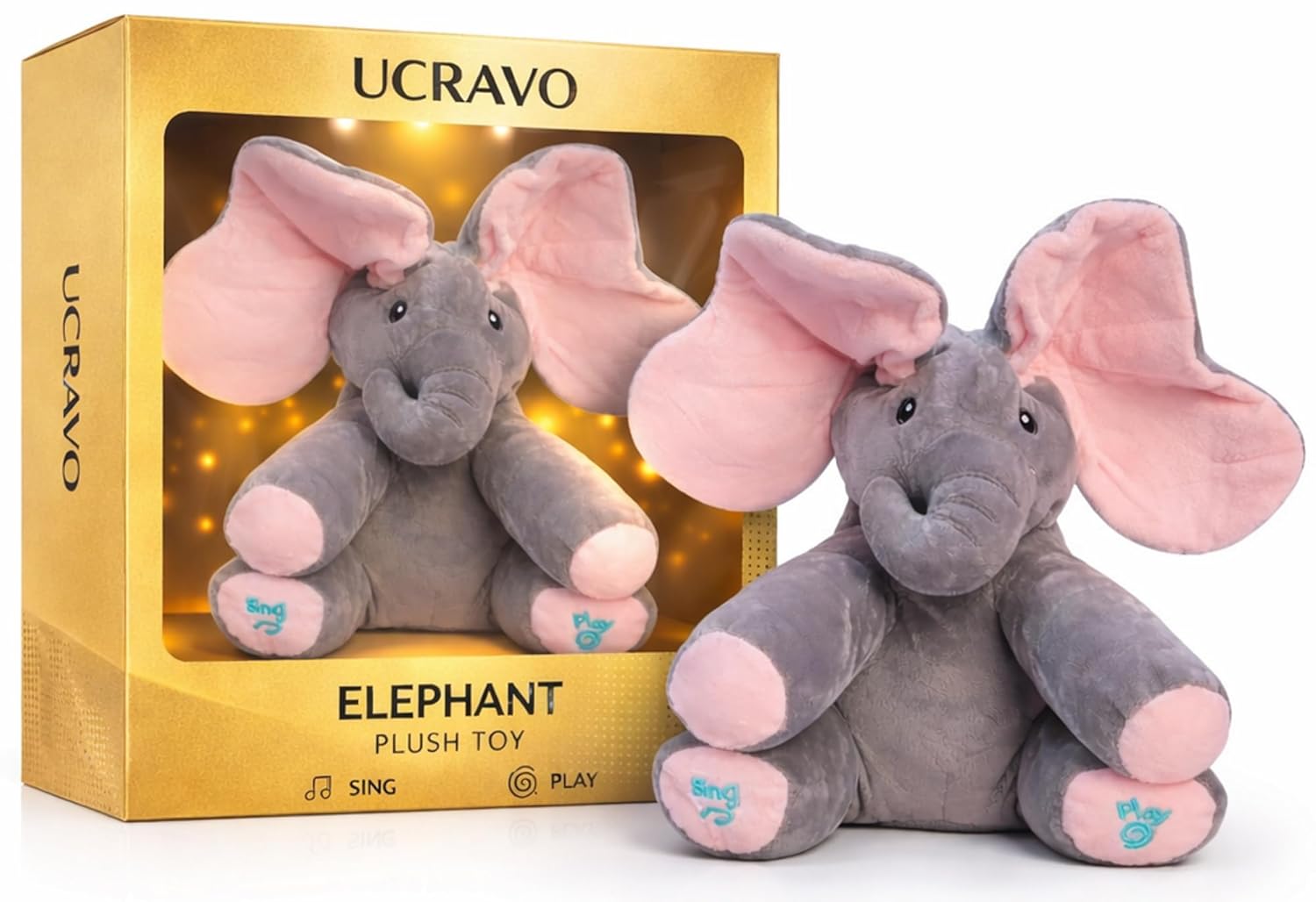 UCRAVO Singing Interactive Musical Elephant Plush Toy Peek A Boo Animal with Moving Ears,Talking Singing Baby Elephant Soft Cuddle Toy for Toddler Kid Boys Girls, Sensory Educational Gift for Infants