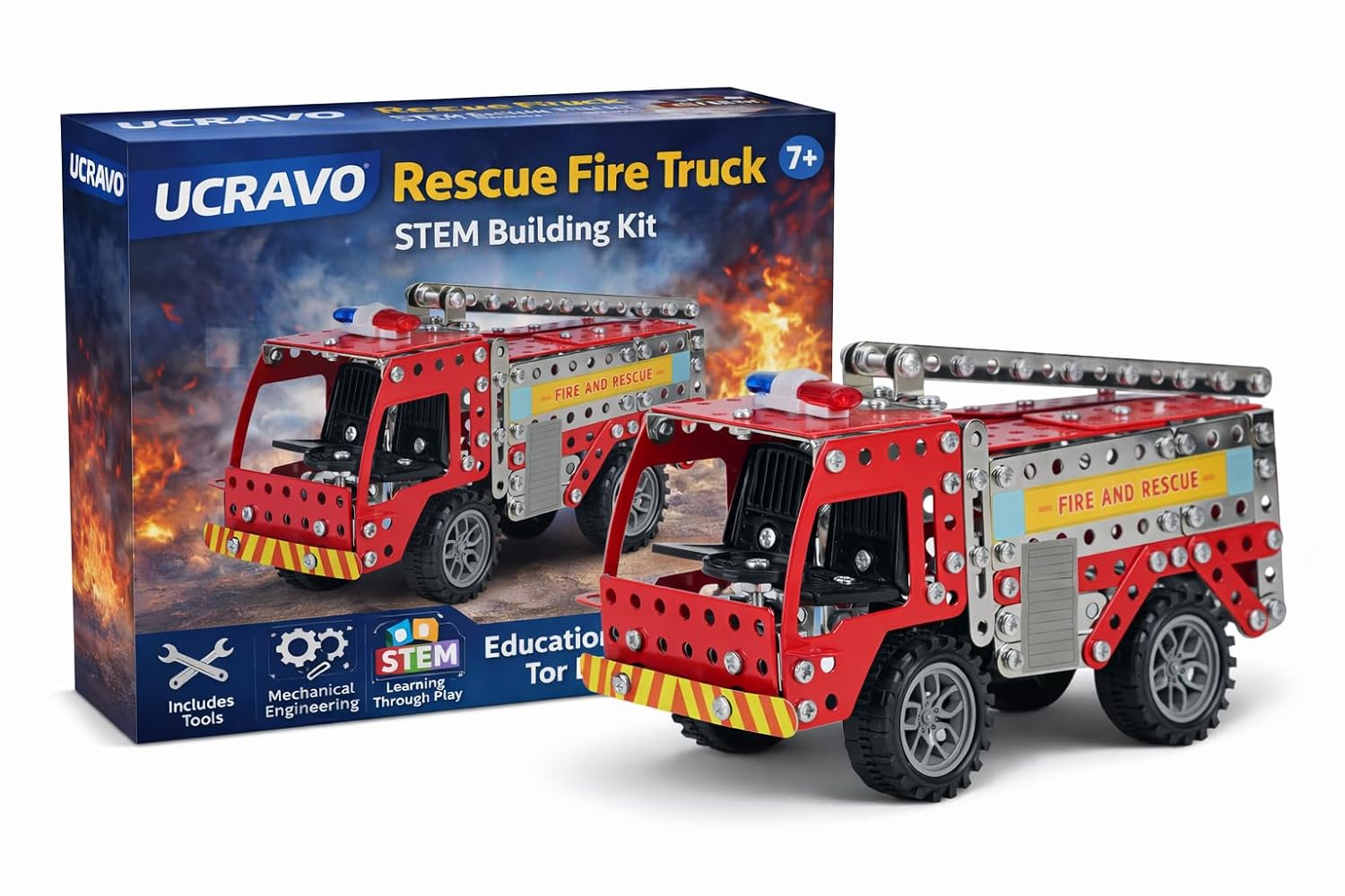 UCRAVO Rescue Fire Truck STEM Building Kit for Kids 7+ Metal Construction Toy Set with Tools Mechanical Engineering Educational Learning Toy DIY Assembly Fire & Rescue Vehicle Model for Boys & Girls