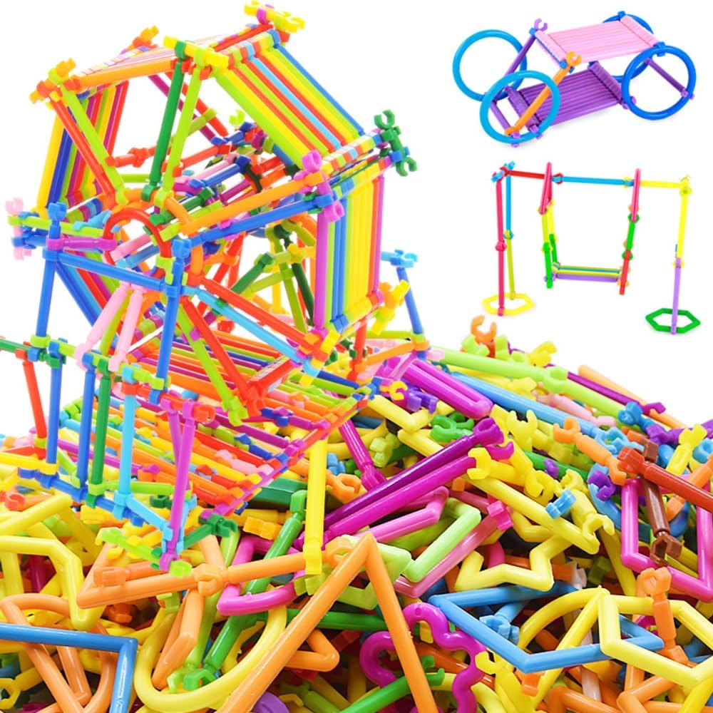 UCRAVO 100 pcs Building Sticks Connect Stick Blocks Creative Educational Toys Plastic Make Different Shapes by Children and Parents Toy Game Set for 3-8 Years Old Kids Boys & Girls-Multi Color