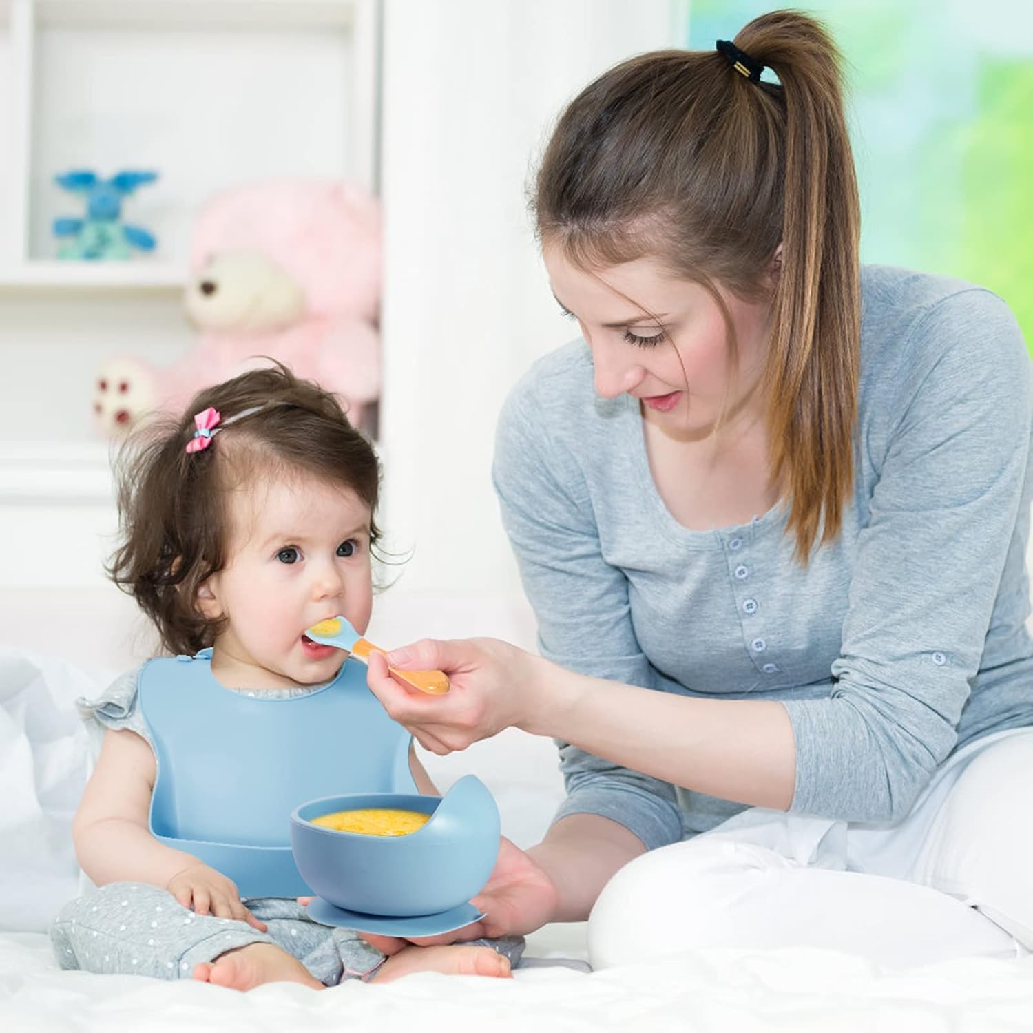UCRAVO Baby Silicone Feeding Set 6 PCS – Blue Baby Weaning Suction Bowl,Divided Plate,Bib with Food Catcher,Training Cup with Straw,Spoon & Fork Baby Mealtime Dinnerware Set for Boys & Girls BPA Free