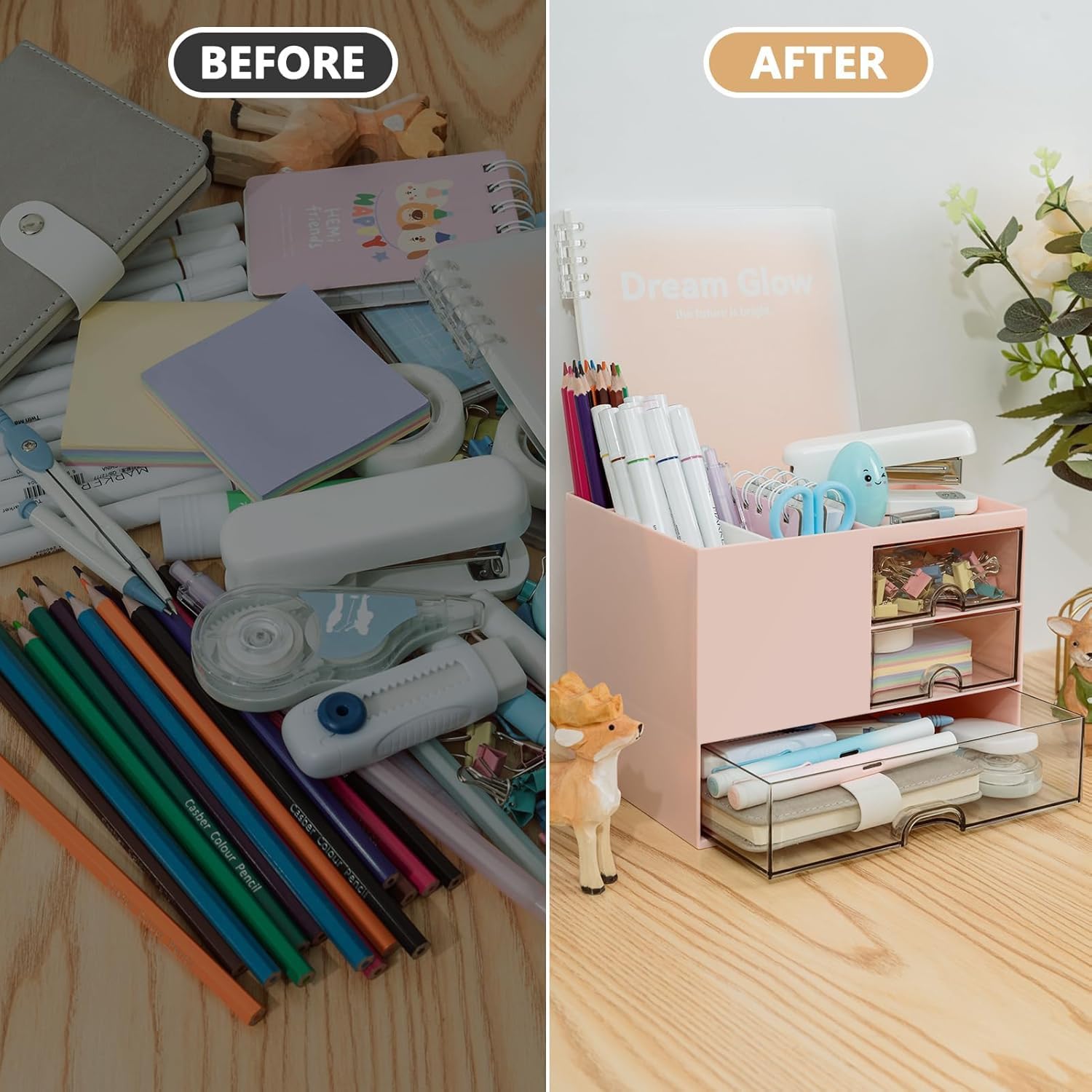 UCRAVO Pink Desk Organizer with Drawers for Office, Study Table, Home Multi-Functional Table Organizer for Stationery, Pens, Markers, Sticky Notes, Files Desktop Storage Box for Students & Office Use