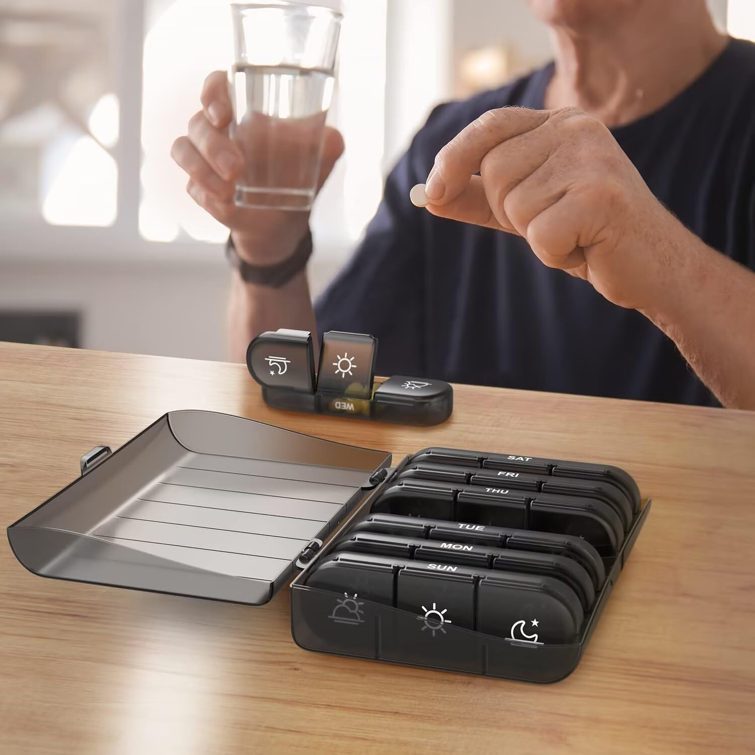 UCRAVO Weekly Pill Organizer 7 Days with AM PM Icons |Removable Daily Pill Boxes | Leak-Proof Medicine Case for Tablets, Vitamins & Supplements | BPA-Free Travel Pill Box for Adults & Seniors (Black)