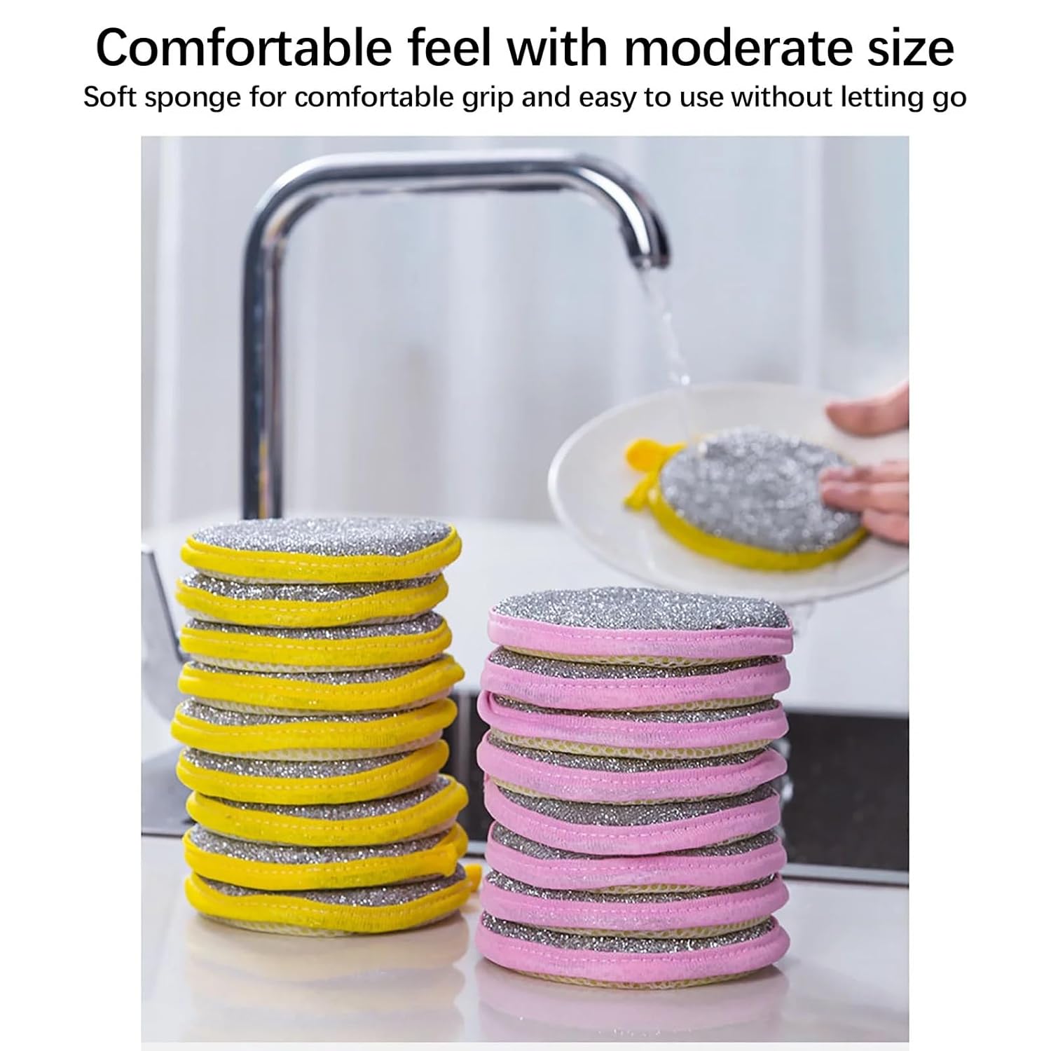 UCRAVO 5PS Dish Sponges, Double Sided Non-Scratch Scrub Cleaning Sponges, Rough Scrubbers Side for Non-Stick Cookware, Soft Microfiber Scrub for Dishes, Household Cleaning Tools for Kitchen Bathroom