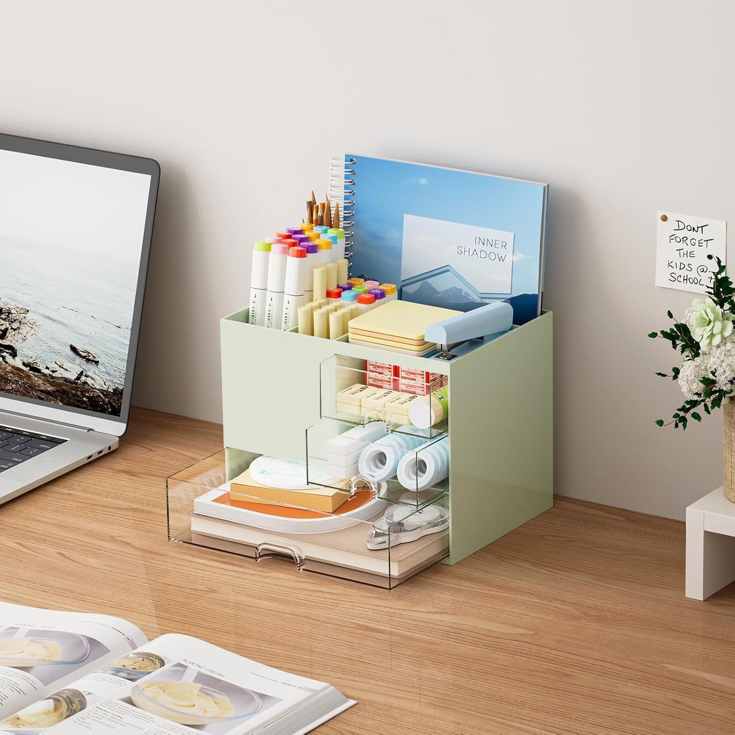 UCRAVO Aesthetic Desk Organizer and Storage with 3 Clear Drawers | Cute Pastel Green Multi-Functional Pencil Pen Holder | Large Capacity Desktop Organizer for Office, Home, Study Table & Art Supplies
