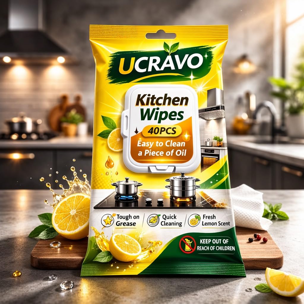 UCRAVO Kitchen Wipes 40 PCS – Lemon Scent Anti Bacterial Cleaning Wipes | Powerful Degreaser Disposable Kitchen Cleaning Tissue | Removes Oil Grease Stains | Multipurpose Surface Cleaning Wipes