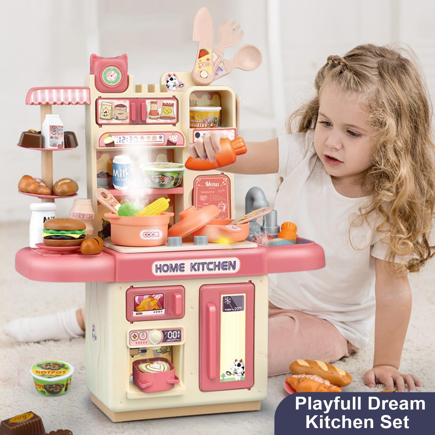 UCRAVO Kids Kitchen Play Set with Light & Sound, Pretend Play Cooking Set for Kids, Mini Kitchen Toy with Sink, Stove, Utensils & Food Accessories, Educational Role Play Toy for Boys Girls 3+ Years
