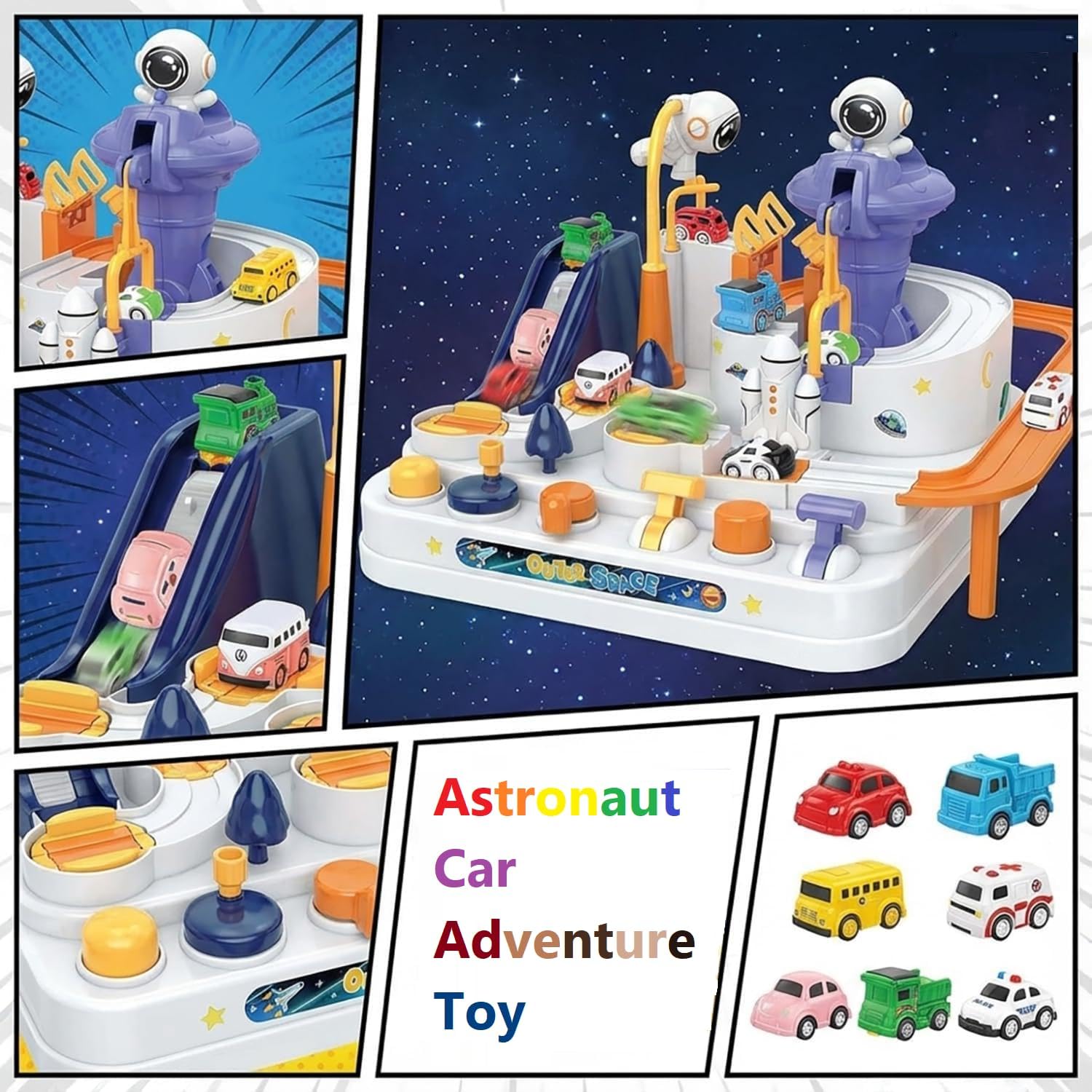UCRAVO Space Orbit Challenge Adventure Cars Track Toy, Preschool Educational Puzzle Car Track Playset, City Rescue Vehicle Ramp Race Set with Space Theme, Interactive Toddler Learning Toy Gift