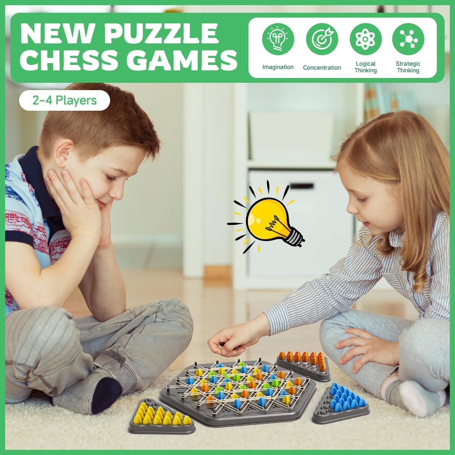 UCRAVO Chain Triangle Strategy Board Game, STEM Learning Geoboard Puzzle for Kids & Adults, Educational Brain Teaser Toy, 2-4 Players Family Fun Night Party Game