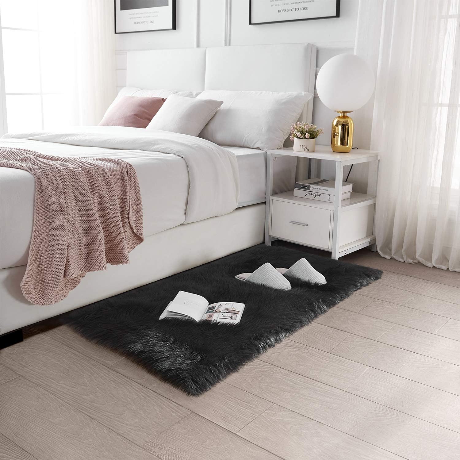 UCRAVO Super Soft Black Fluffy Carpet for Living Room, Bedroom & Home Decor –Modern Carpet Anti-Skid Velvet Shaggy Rug for Floor, Bedside, Kids Room & Sofa Area – Washable Thick Plush Fur Mat