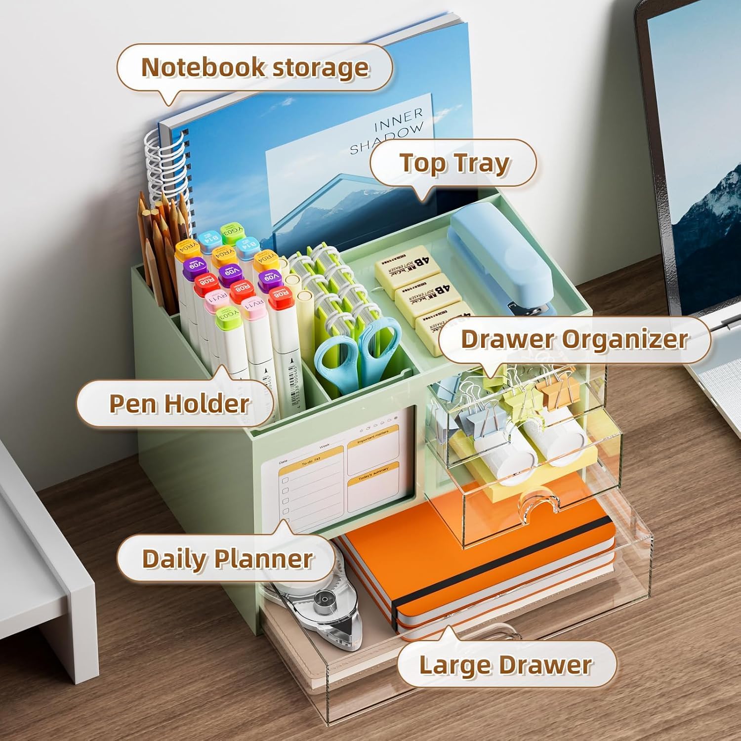 UCRAVO Aesthetic Desk Organizer and Storage with 3 Clear Drawers | Cute Pastel Green Multi-Functional Pencil Pen Holder | Large Capacity Desktop Organizer for Office, Home, Study Table & Art Supplies