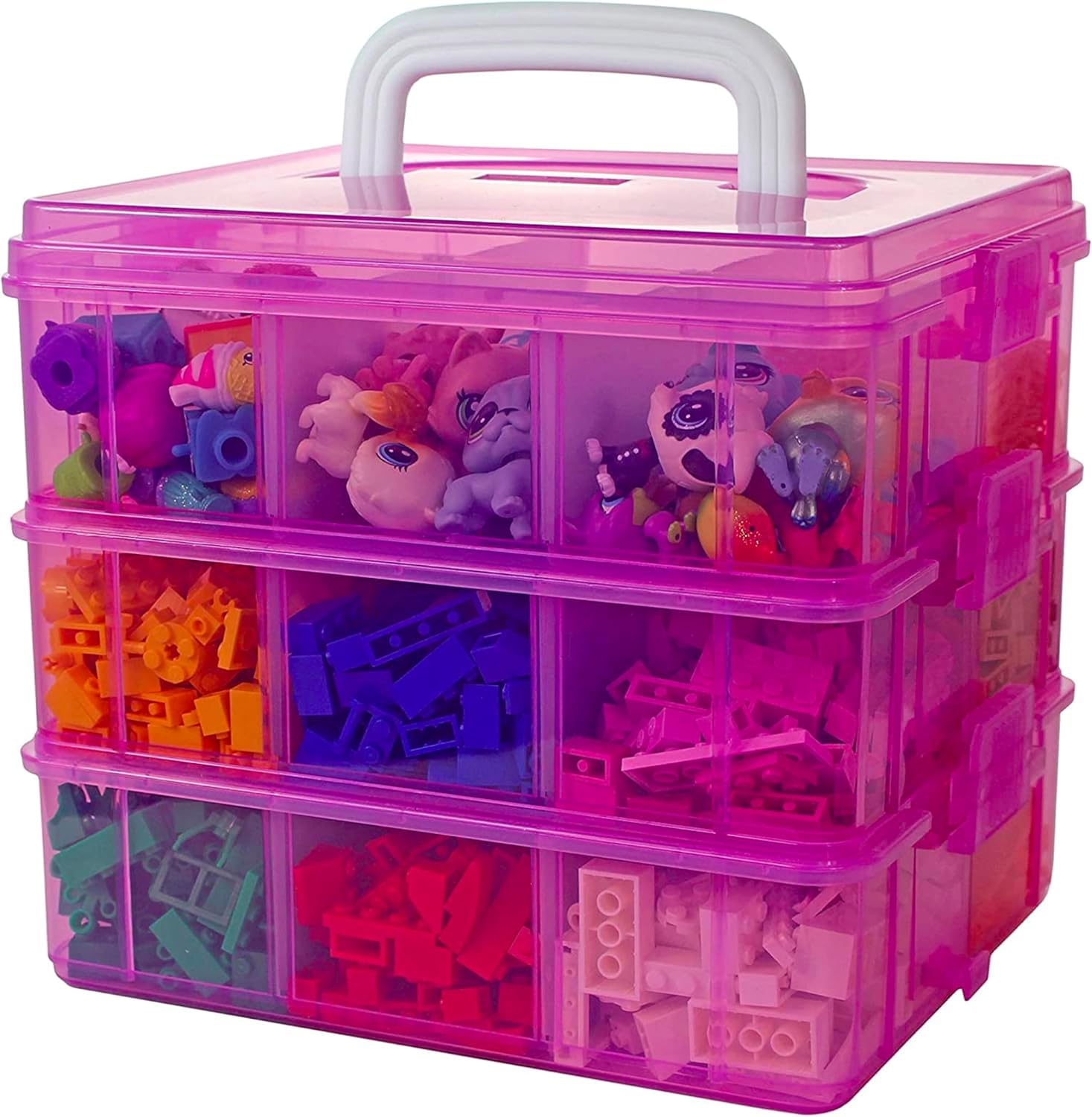 UCRAVO 1 PCS Plastic 3-Layer Jewelry Organizer Box with 18 Adjustable Dividers, Clear Transparent Storage Box with Collapsible & Removable Dividers, Stackable Toy Organizer Storage Case (PINK)