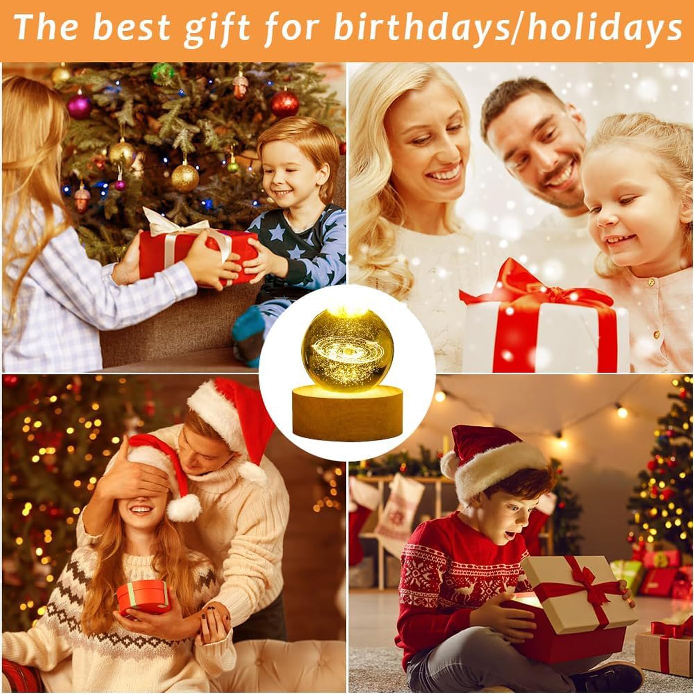 UCRAVO 3D Galaxy Crystal Ball with Wooden Base, 3D Crystal Ball Solar System, Planet Engraved Glass Ball Cosmic Model, Luminous Crystal Ball for Christmas Nightlight Astronomy Gifts for Kids Birthday