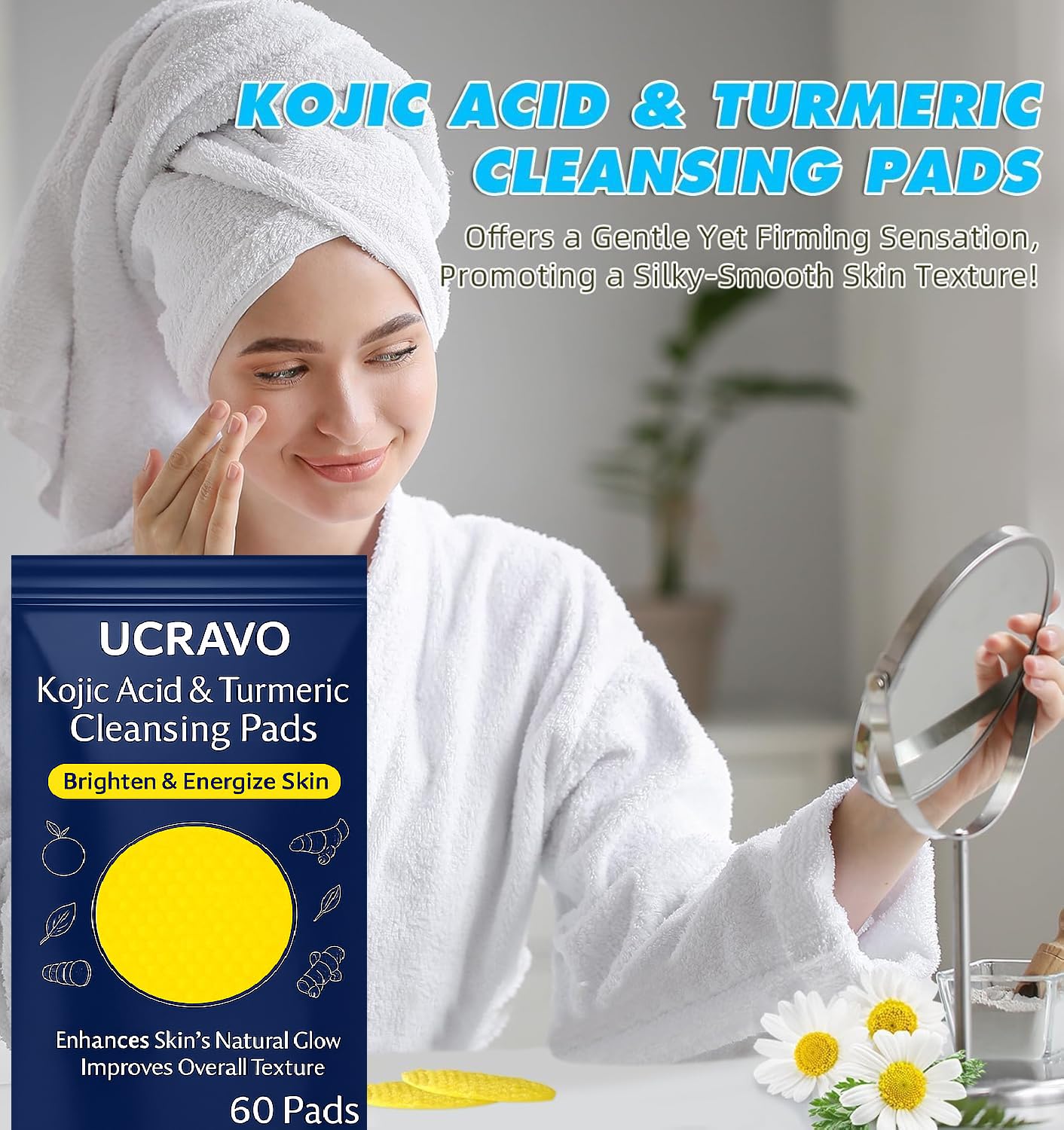 UCRAVO Kojic Acid & Turmeric Cleansing Pads – 60PCS | Skin Brightening & Dark Spot Remover | Foaming Exfoliating Face Pads with Vitamin C & B5 for Acne Prevention – For All Skin Types-Pack of 1