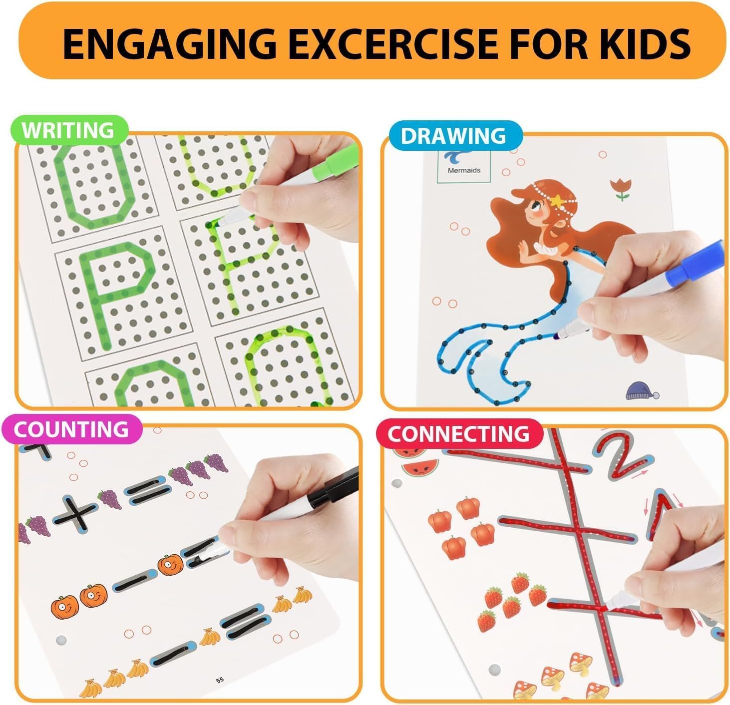 UCRAVO 64 Pcs Reusable Preschool Writing Practice Kit for Kids Montessori Learning Flash Cards,Alphabet Number Tracing,Wipe Clean Educational Toy,Early Math,Drawing Activity for Toddler,Homeschooling