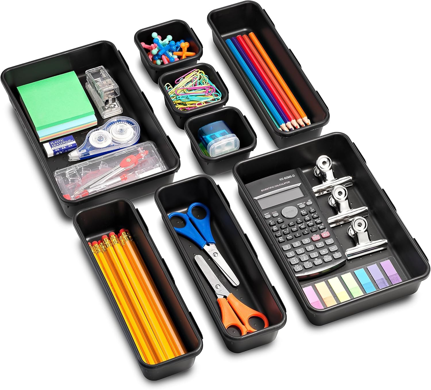 UCRAVO 8 Pcs Black Interlocking Desk Drawer Organizer Set | Multi-Size Plastic Storage Bins & Drawer Dividers for Home Office, Kitchen Cutlery, Stationery, and Vanity Makeup Storage