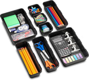 UCRAVO 8 Pcs Black Interlocking Desk Drawer Organizer Set | Multi-Size Plastic Storage Bins & Drawer Dividers for Home Office, Kitchen Cutlery, Stationery, and Vanity Makeup Storage