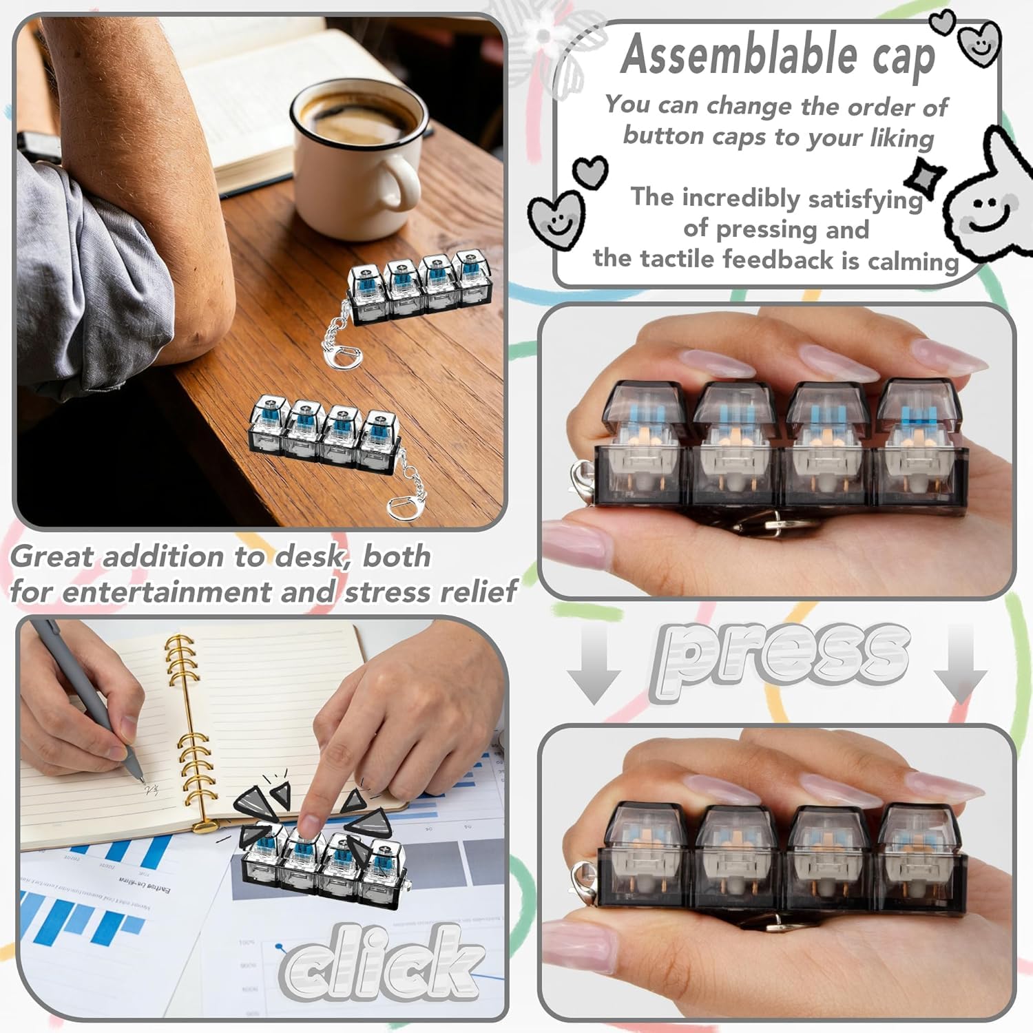 UCRAVO Mechanical Switch Fidget Keychain Clicky Stress Relief Toy with Tactile Keyboard Switch Button | Anxiety Relief Desk Toy for Adults Kids Portable EDC Keyring Gadget for Office Study Gaming Toy
