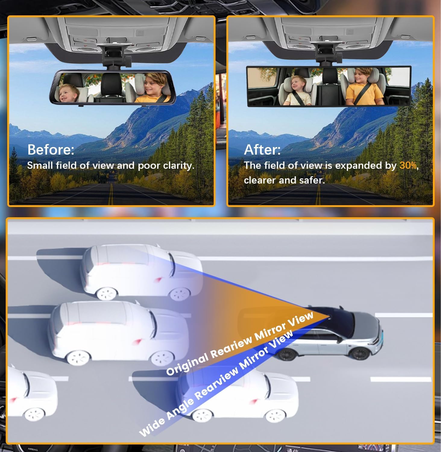 UCRAVO Wide Angle Rear View Mirror for Car – Interior Clip On Rearview Mirror, Anti Glare HD Convex Mirror, Universal Fit Vehicle Back Seat Mirror, Enhanced Blind Spot View Driving Safety Accessory