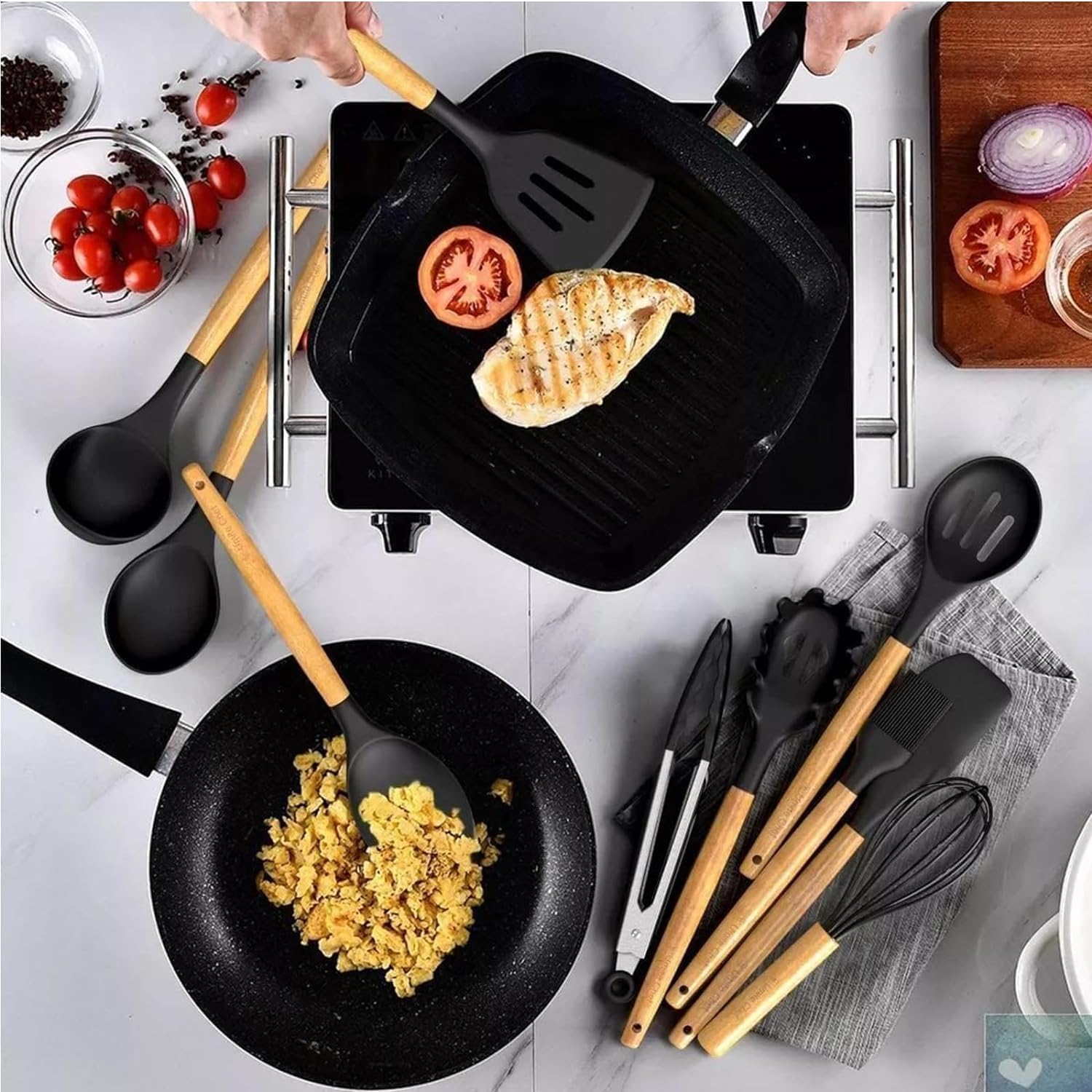 UCRAVO 12 Pcs Silicone Kitchen Utensil Set with Wooden Handle, Non-Stick Cooking + Baking Spoon & Spatula Set, BPA Free, Heat Resistant, Flexible Non Toxic Silicon Cookware Tools (Black)