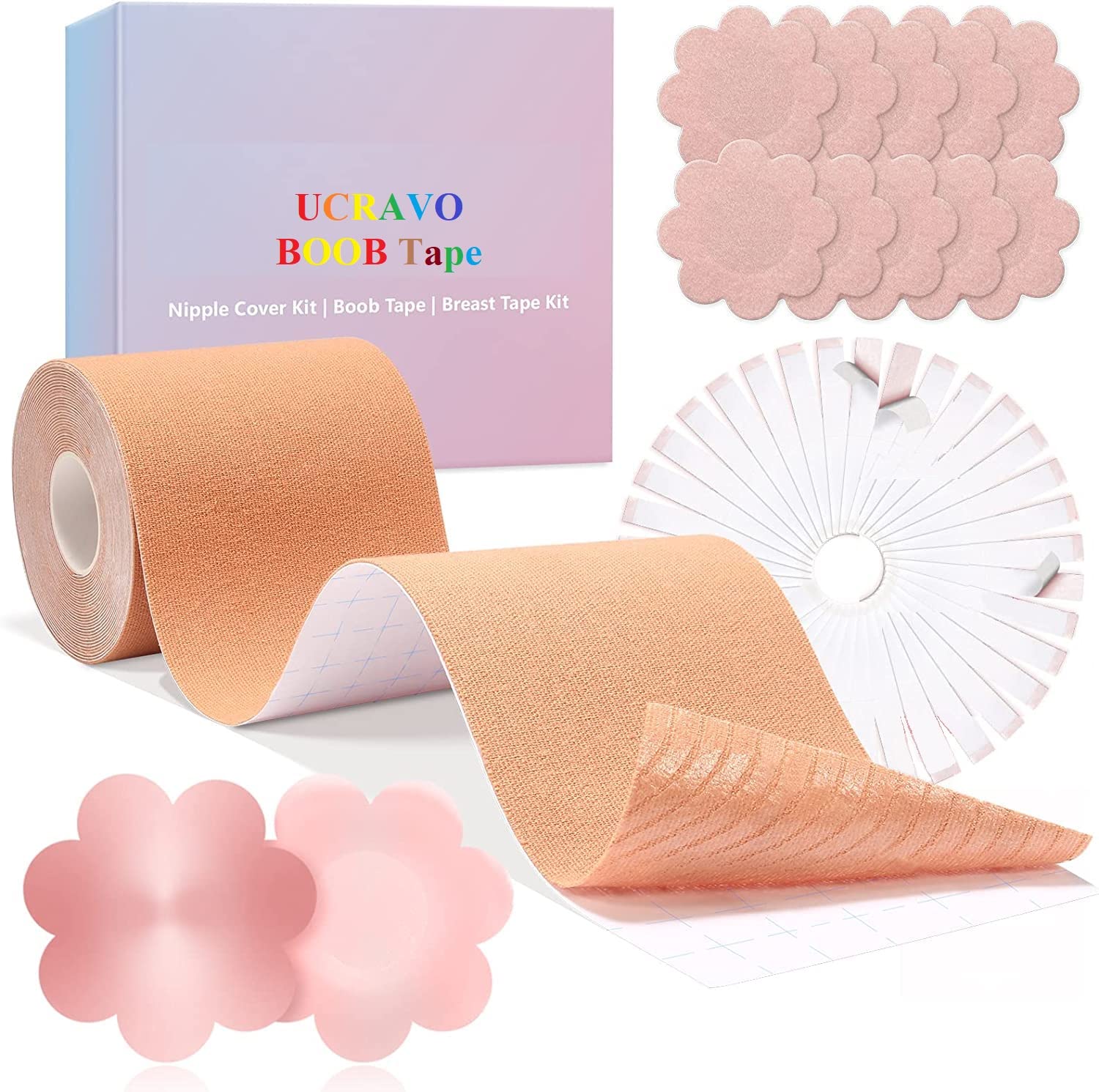 UCRAVO Boob Tape kit - Instant Boob Lift Tape with 10 Reusable Nipple Pasties, 36 Double Sided Fashion Strips for Cloth, Adhesive Bra Push Up Boob Tape for Large Breasts for Women Clothing and Body