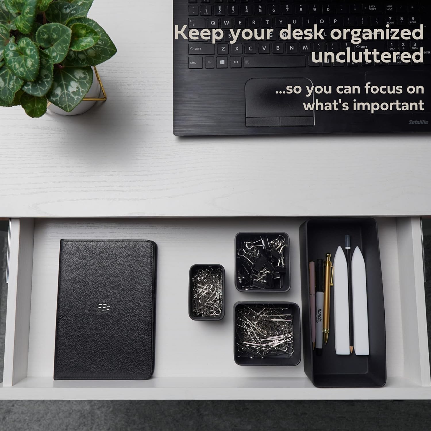 UCRAVO 16 PCS Black Desk Drawer Organizer Set for Office,Home,Kitchen & Makeup Multi-Size Plastic Drawer Dividers for Stationery,Cosmetics,Utensils Storage Trays for Neat, Tidy & Clutter-Free Drawers
