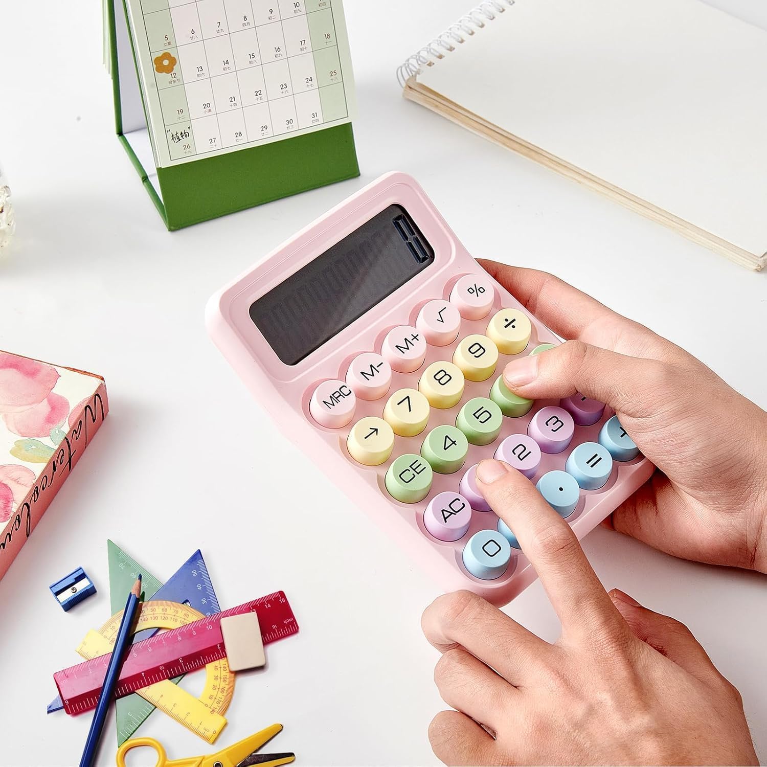 UCRAVO Pink Cute Mechanical Pushbutton Financial Calculator 12 Digit Large LCD Display,Big Round Candy Buttons Easy to Press,Retro Typewriter Style Aesthetic Desktop Calculator for Office,School,Home