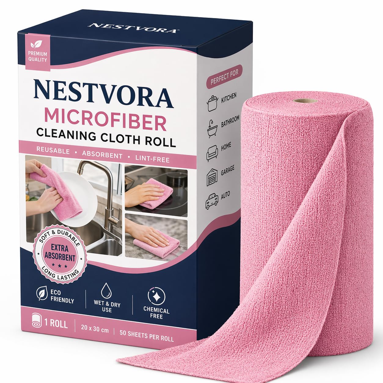 NESTVORA 50 Pack Microfiber Cleaning Cloth Roll | Washable Absorbent Towel for Kitchen | Dust, Stains, Wet and Dry Microfiber Cleaning Cloth | Washable Roll Tear Away for Kitchen & Car