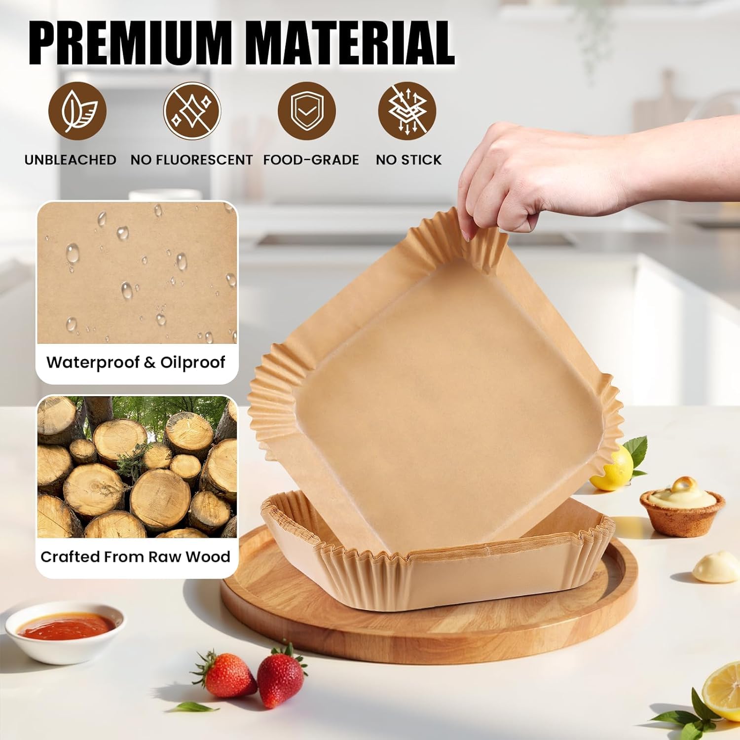 UCRAVO 100 PCS Air Fryer Paper Sheets Disposable Parchment Liners | Non-Stick Baking Paper | Heat Resistant Greaseproof Waterproof Air Fryer Tray Liners for Frying, Roasting, Microwave & Oven Cooking