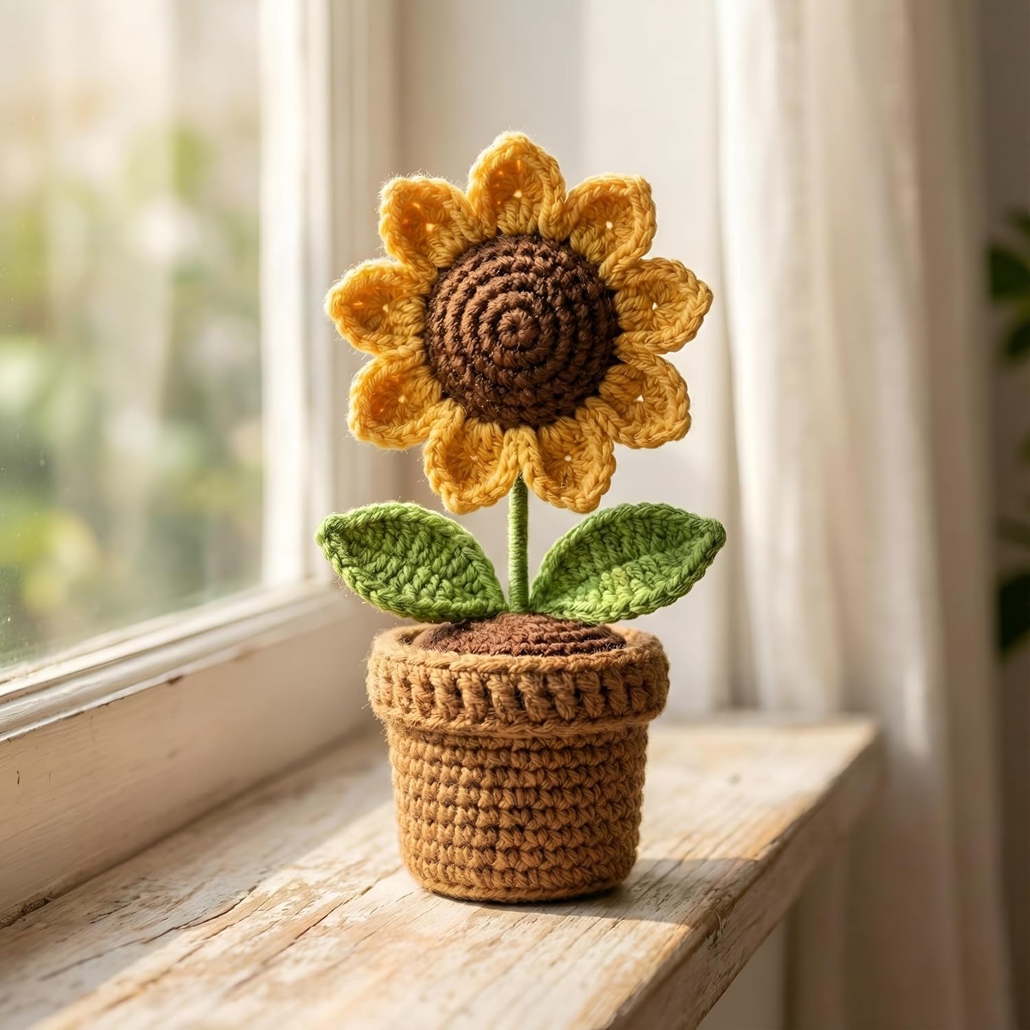 UCRAVO Handmade Crochet Sunflower with Pot – Artificial Knitted Sunflower Plant for Decor, Cute Mini Crochet Flower Decoration for Home, Office Desk,Bedroom & Car Dashboard Gifts Friends & Loved Ones