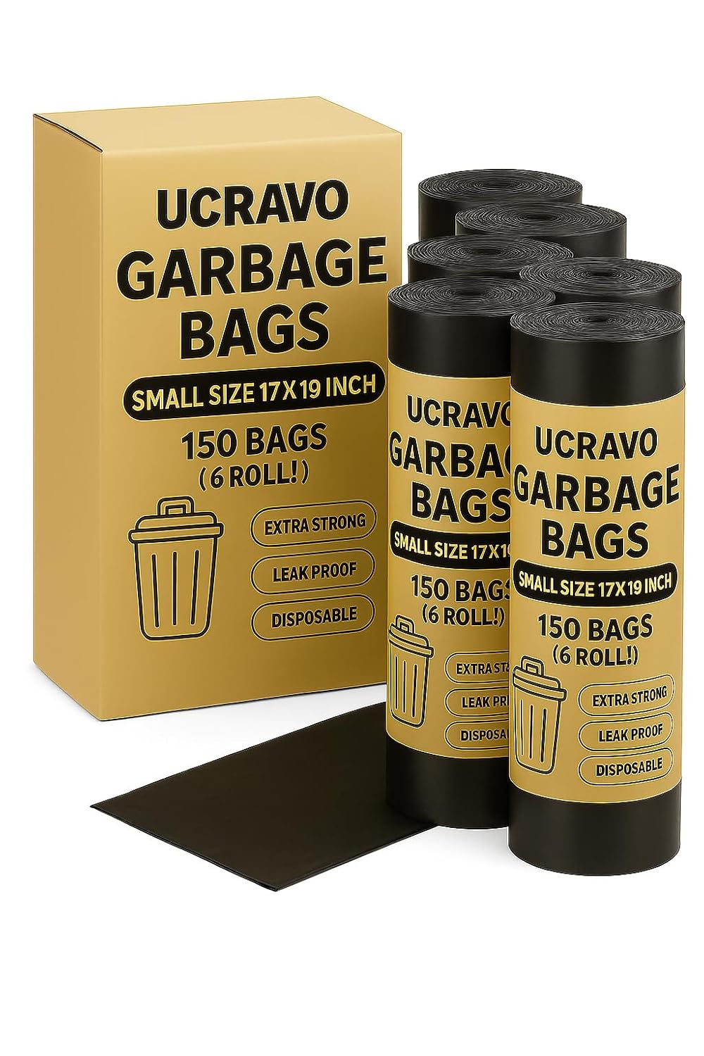 UCRAVO Garbage Bags Small Size 17 x 19 Inch, Pack of 6 Rolls (180 Bags) | Extra Strong Disposable Dustbin Bags for Home, Kitchen, Office, Bathroom | Leak Proof,Durable Black Garbage Covers,Kachra Bag