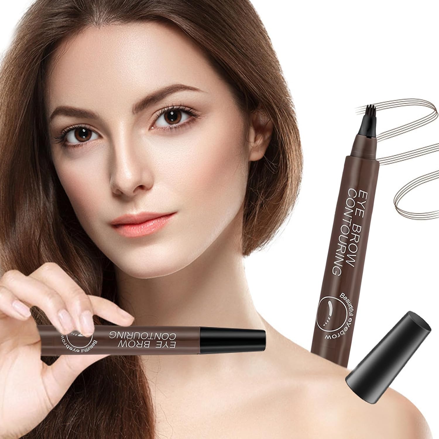 UCRAVO Brown Eyebrow Pen 4 Tip Microblading Brow Marker Waterproof Smudge Proof Long Wear Eyebrow Pencil Sweat Resistant Brow Tint Pen for Natural Soft Brows,Light to Medium Hair,Thin Sparse Eyebrows