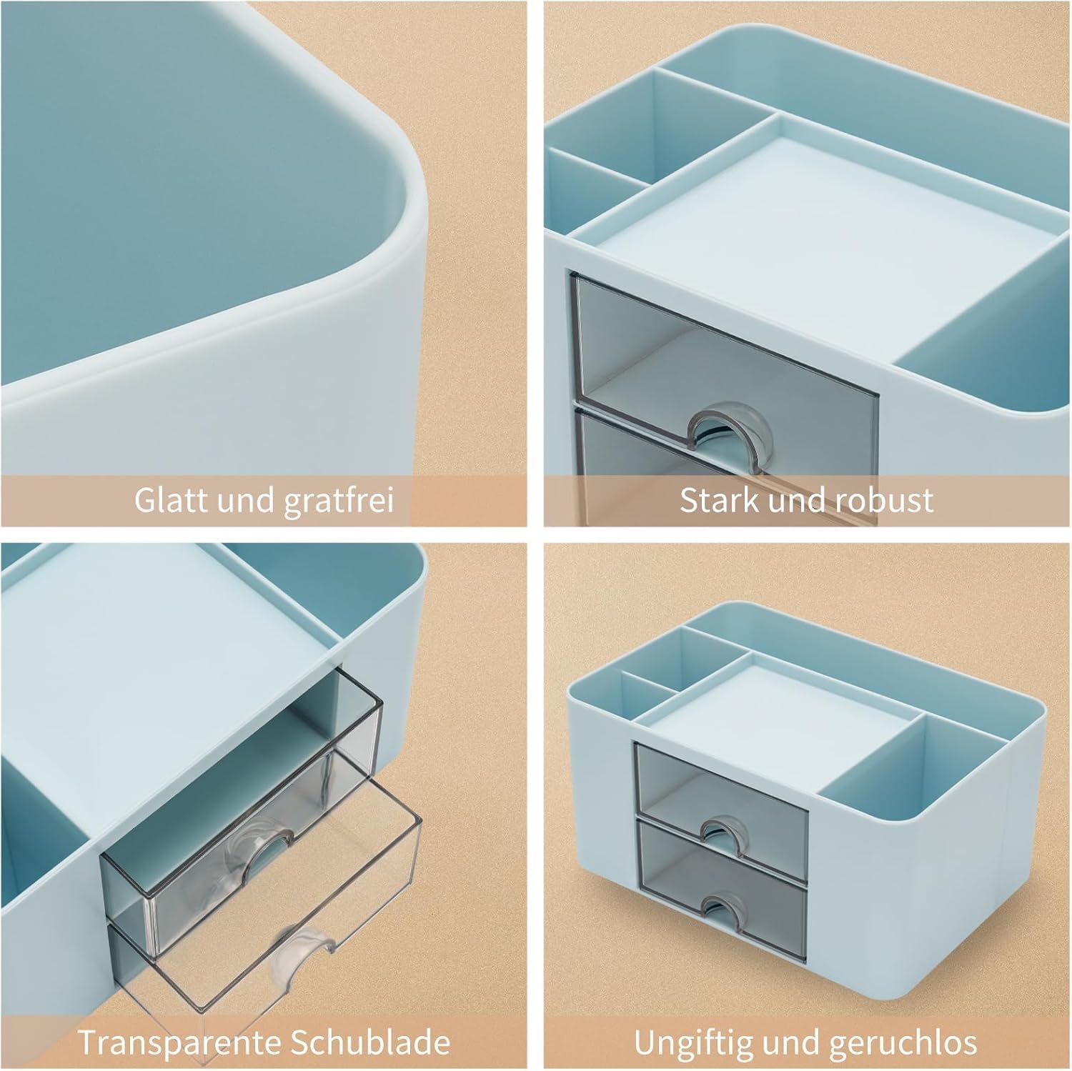 UCRAVO Stylish Stackable Desk Organizer with 2 Drawers and 5 Compartments– Multi-Functional Desktop Storage Box with Pen Holder for Home, Office, School, Craft Supplies, and Art Stationery - Blue