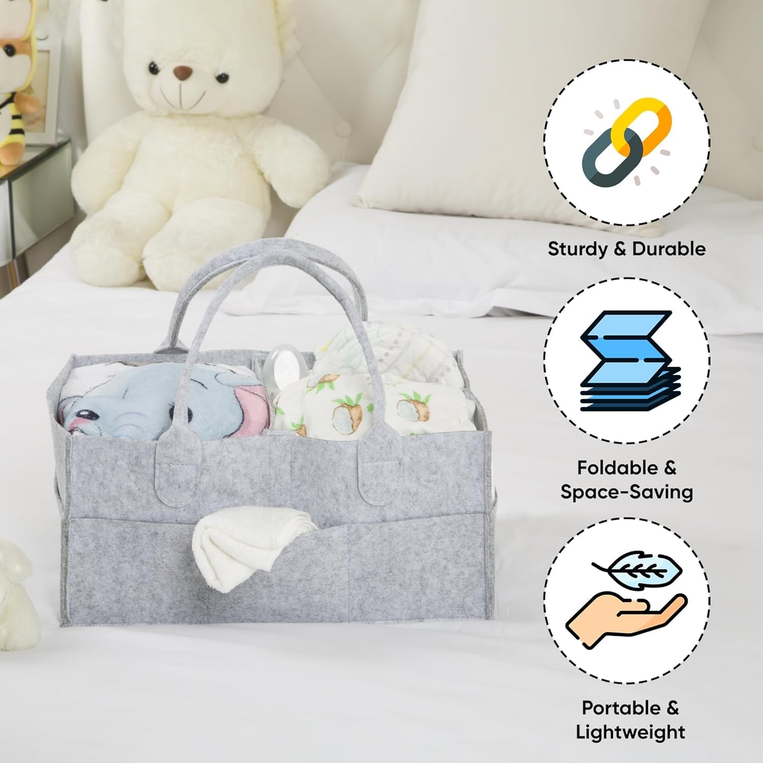 UCRAVO Baby Diaper Caddy Organizer with handles - Nursery Storage basket and Car Organizer for Diapers and Baby Wipes - 5 Compartments, 8 Pockets, Soft, Sturdy, and Convenient Baby Shower Gifts - Grey