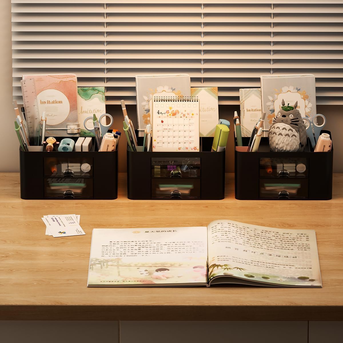 UCRAVO Multi-Functional Desk Organiser with 5 Compartments and 2 Drawer Desktop Office Supplies Stationery Storage Box Cosmetic Organizer for Ballpoint Pens Staplers Clips Sticky Notes - White