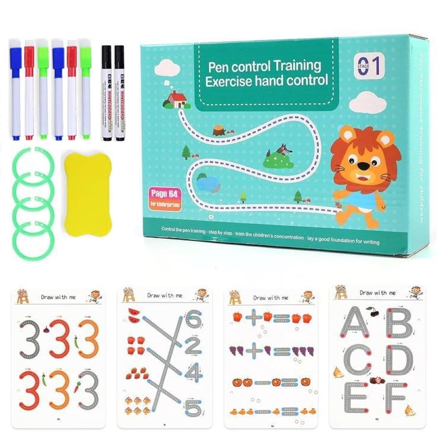 UCRAVO Pen Control Training Cards for Kids | 64 Pages Reusable Early Learning Writing Practice Book | Preschool Handwriting Workbook | Drawing, Tracing, Number & Pattern Learning for Children