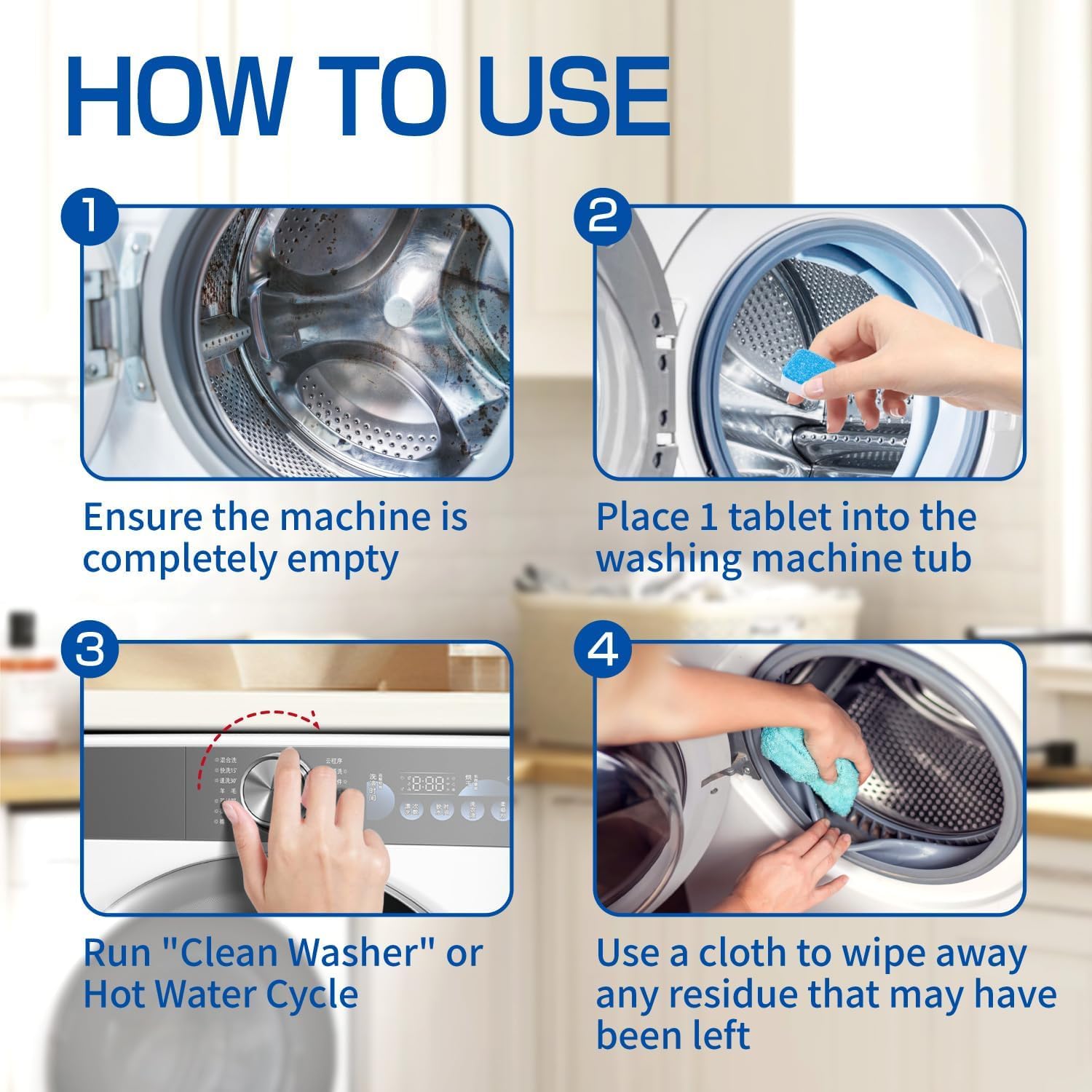 UCRAVO Washing Machine Cleaner Tablets 100 PCS Deep Cleaning Descaler for Front Load & Top Load Washing Machine Removes Odor & Hard Water Residue | Automatic Washing Machine Cleaner Blocks