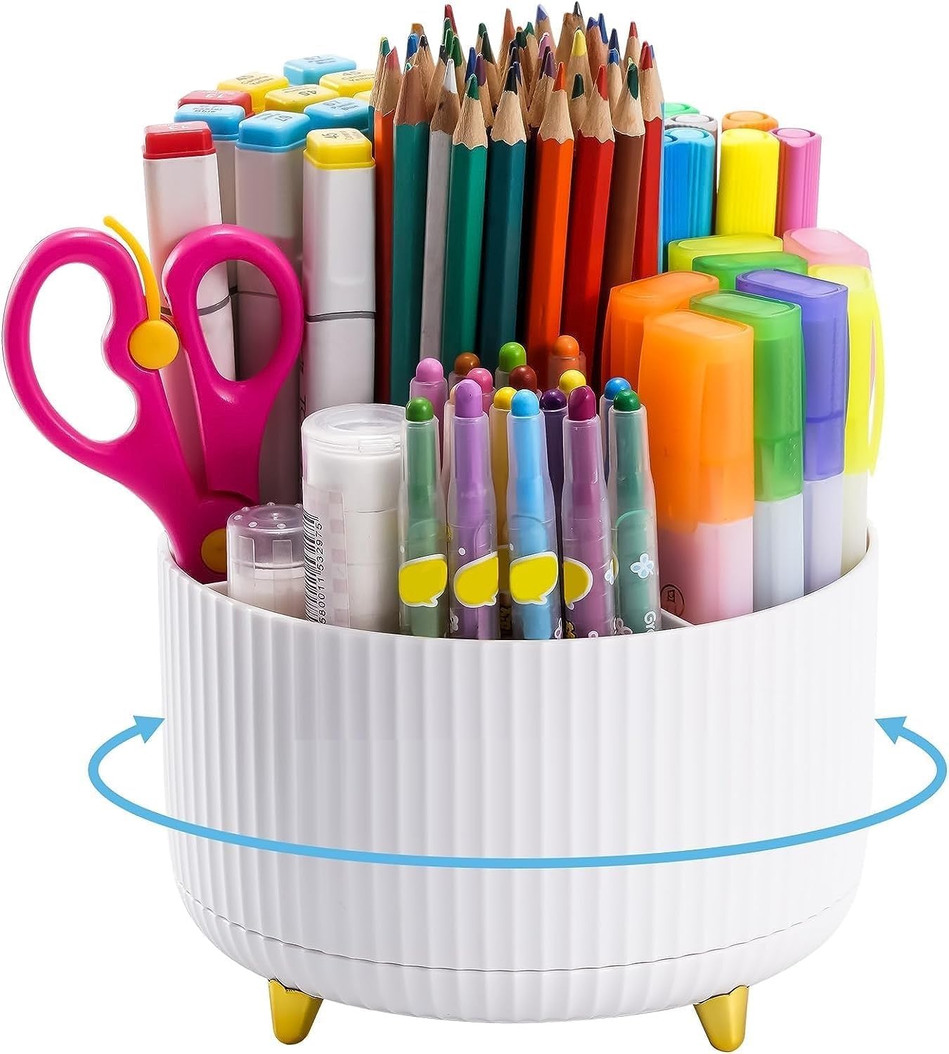 UCRAVO 360° Rotating Desk Organizer Pen Holder with 5 Compartments Spinning Pencil Holder for Desk Multipurpose Stationery Organizer for Office, School, Makeup & Art Supplies Desktop Storage (White)