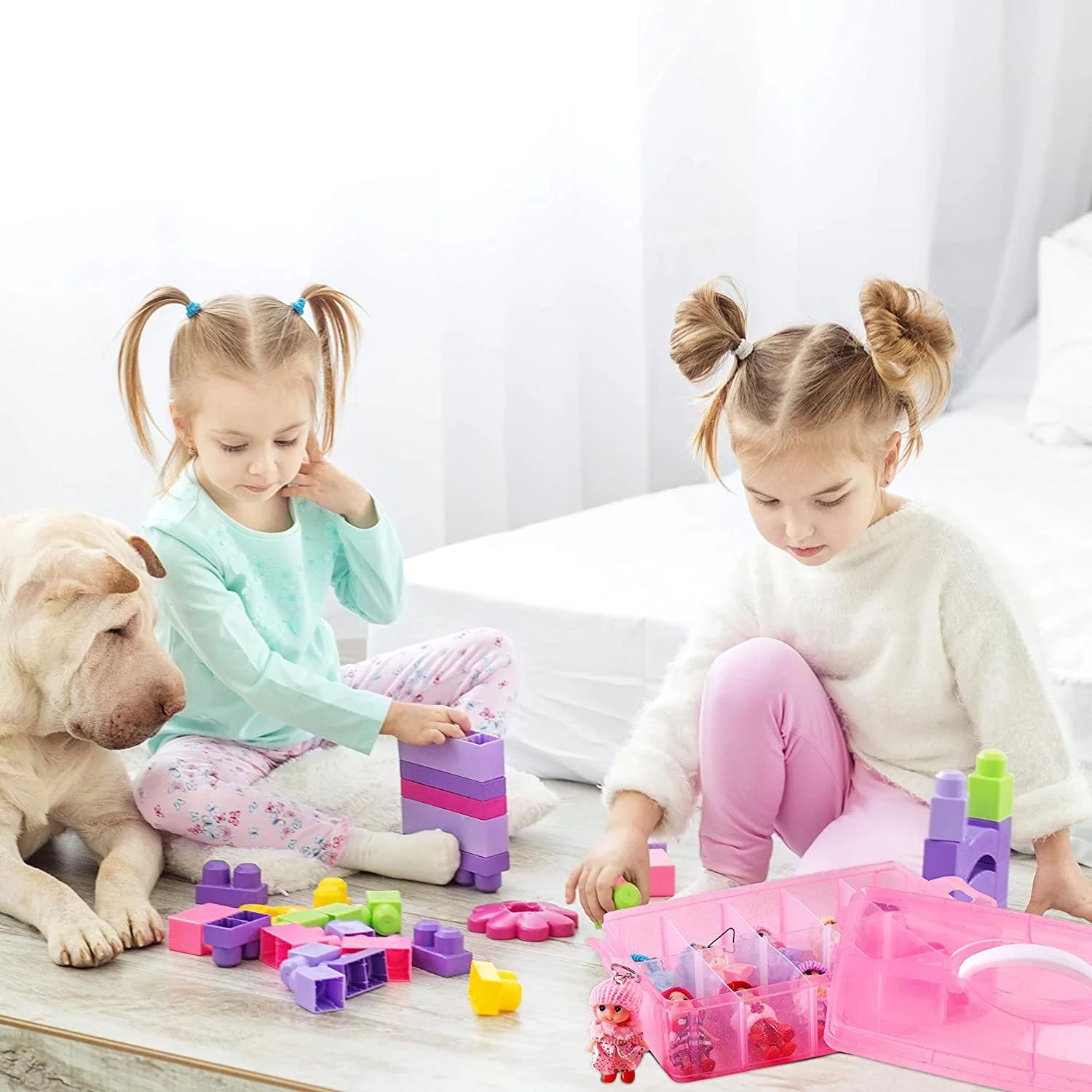 UCRAVO PINK 3-Tier Stackable Storage Container Box with 30 Adjustable Compartments, Plastic Organizer Box Transparent Storage Case for Kids Toys, Art Crafts, Jewelry, Supplies, Fuse Beads, Washi Tapes