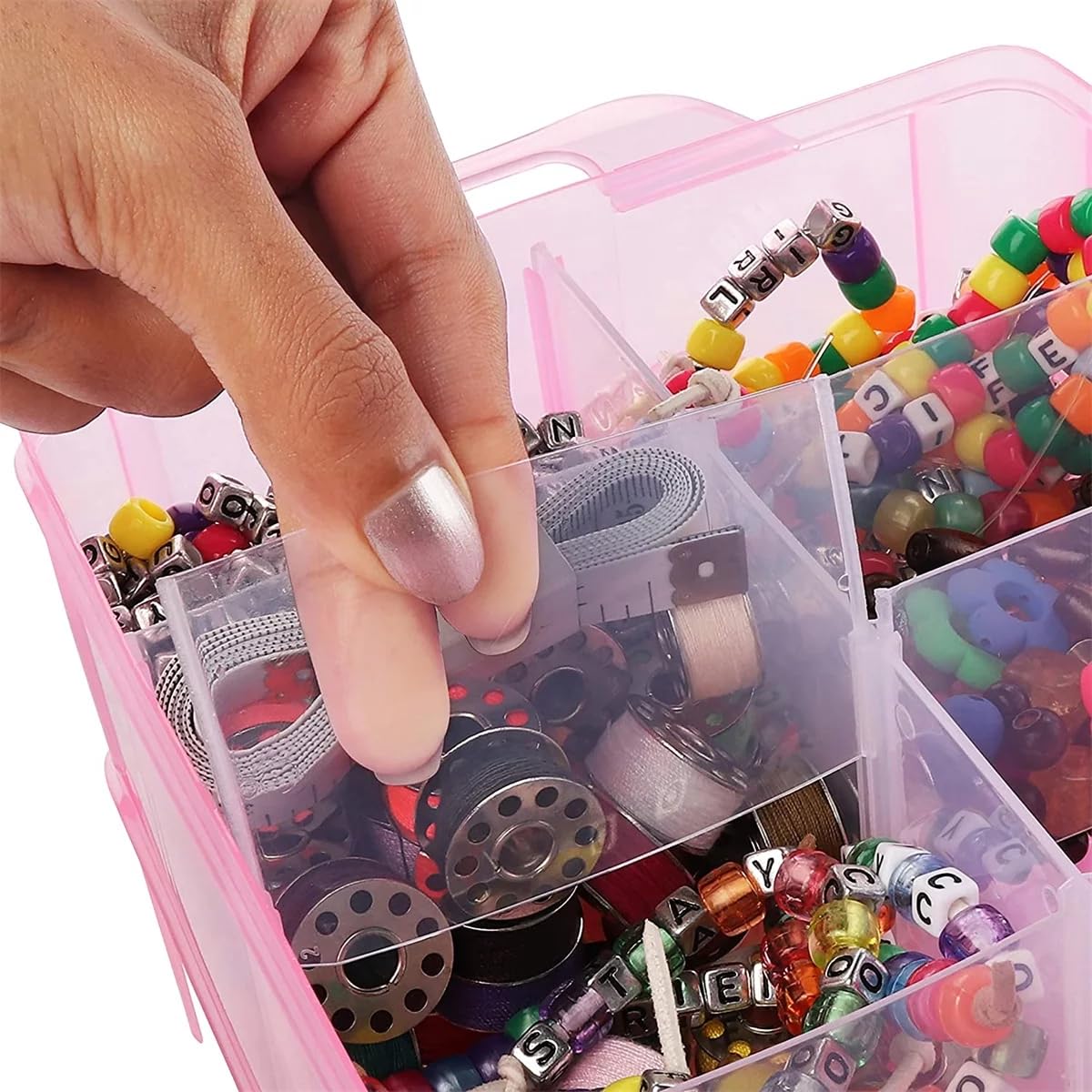 UCRAVO PINK 3-Tier Stackable Storage Container Box with 30 Adjustable Compartments, Plastic Organizer Box Transparent Storage Case for Kids Toys, Art Crafts, Jewelry, Supplies, Fuse Beads, Washi Tapes